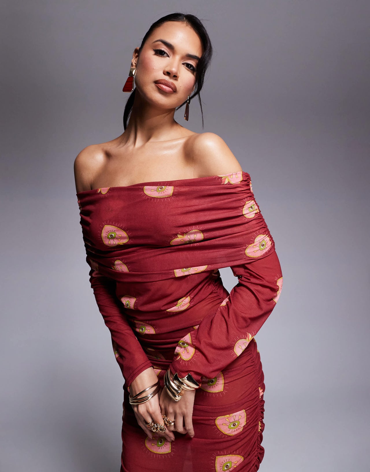 Never Fully Dressed bardot ruched heart print mesh mini dress in burgundy