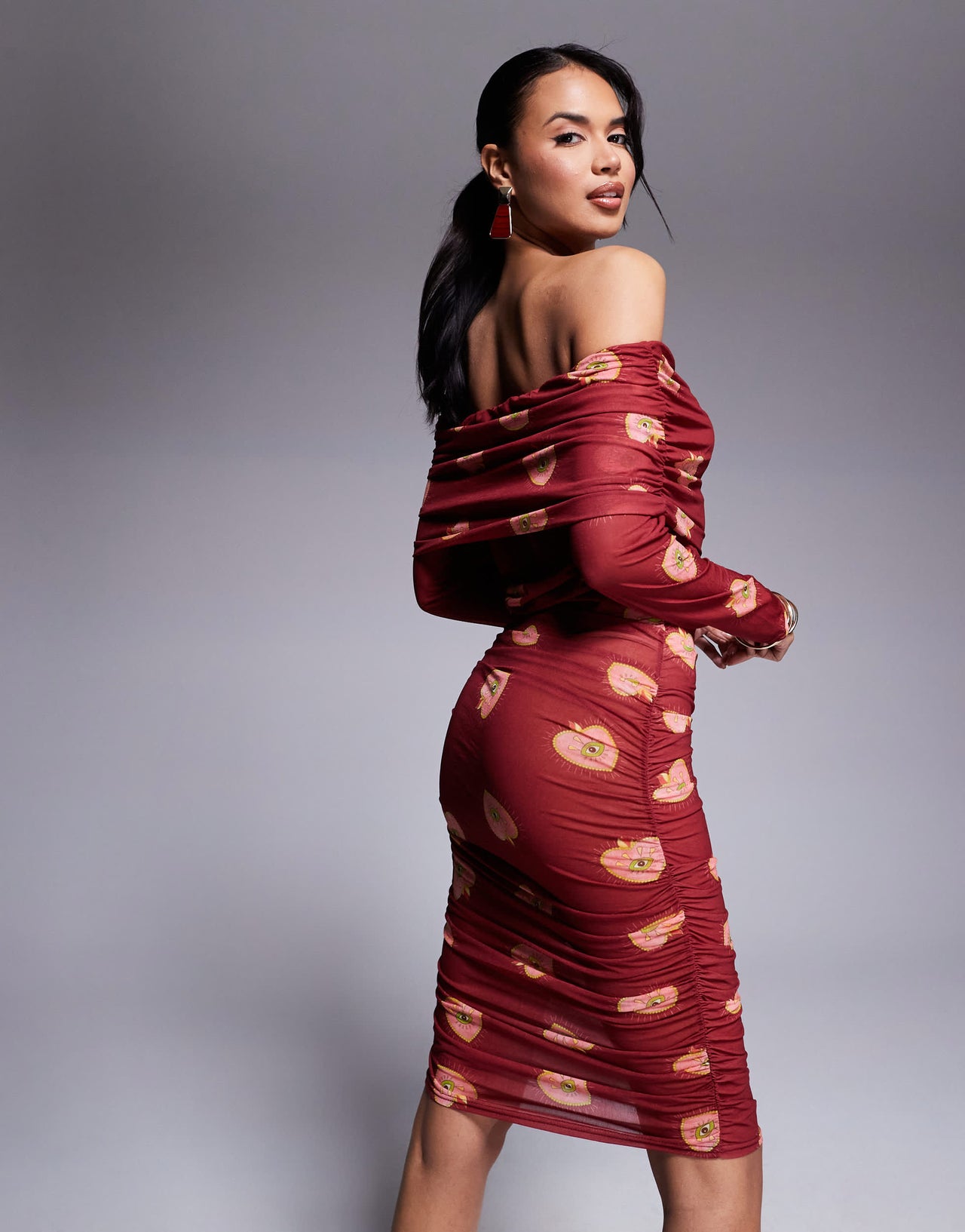 Never Fully Dressed bardot ruched heart print mesh mini dress in burgundy