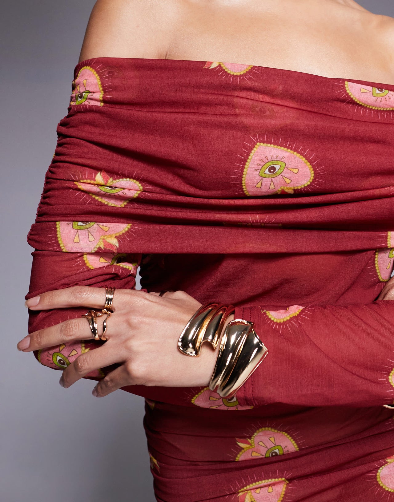 Never Fully Dressed bardot ruched heart print mesh mini dress in burgundy