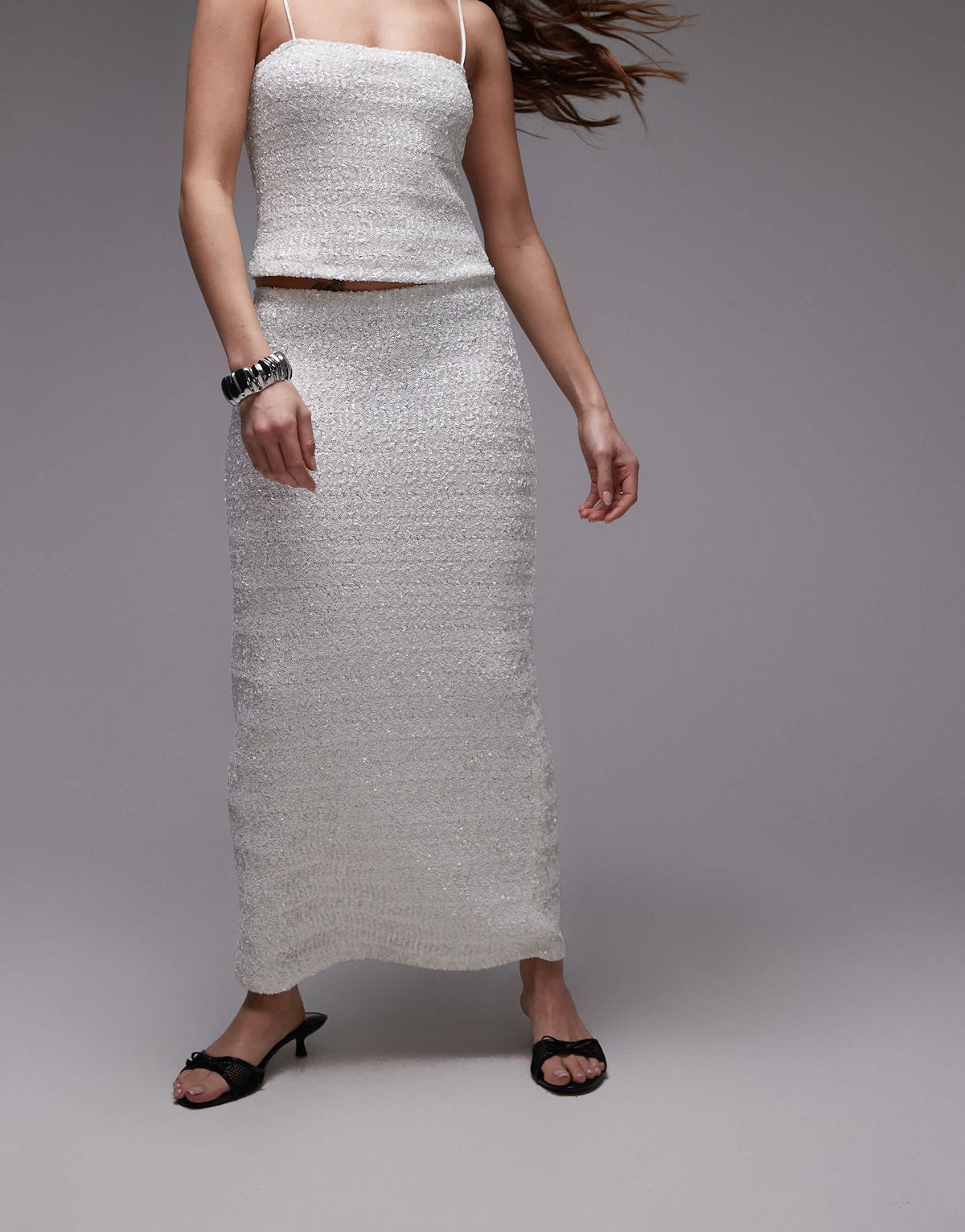 Topshop premium sequin midi skirt co-ord in white