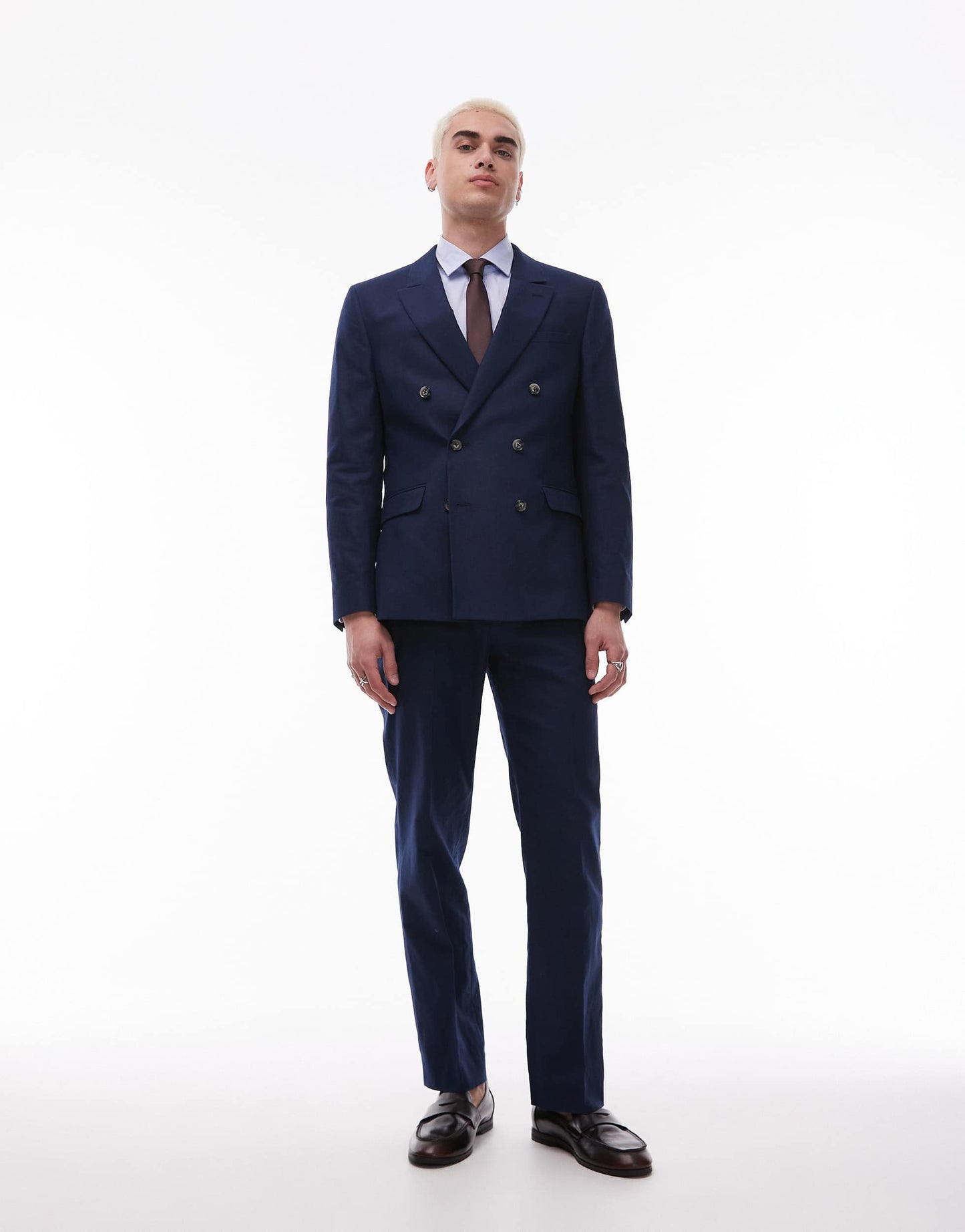 Topman double breasted linen blend blazer in navy