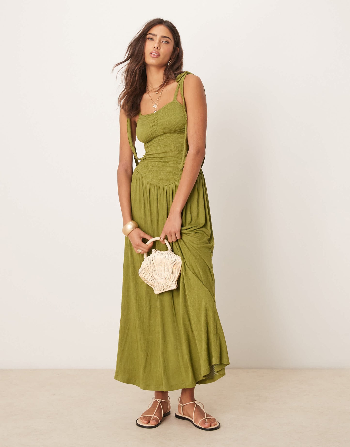 ASOS DESIGN crinkle shirred bodice tie cami strap midi sundress in olive