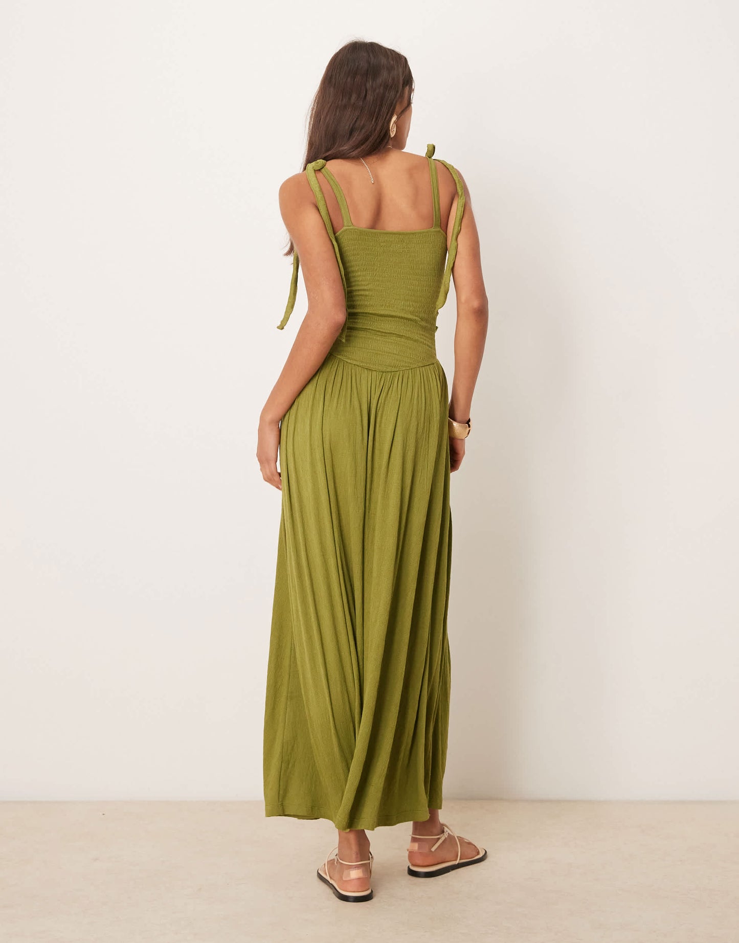 ASOS DESIGN crinkle shirred bodice tie cami strap midi sundress in olive