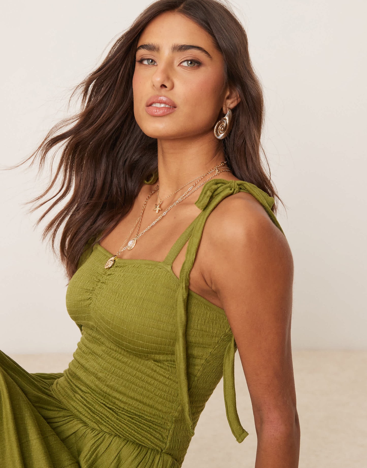 ASOS DESIGN crinkle shirred bodice tie cami strap midi sundress in olive