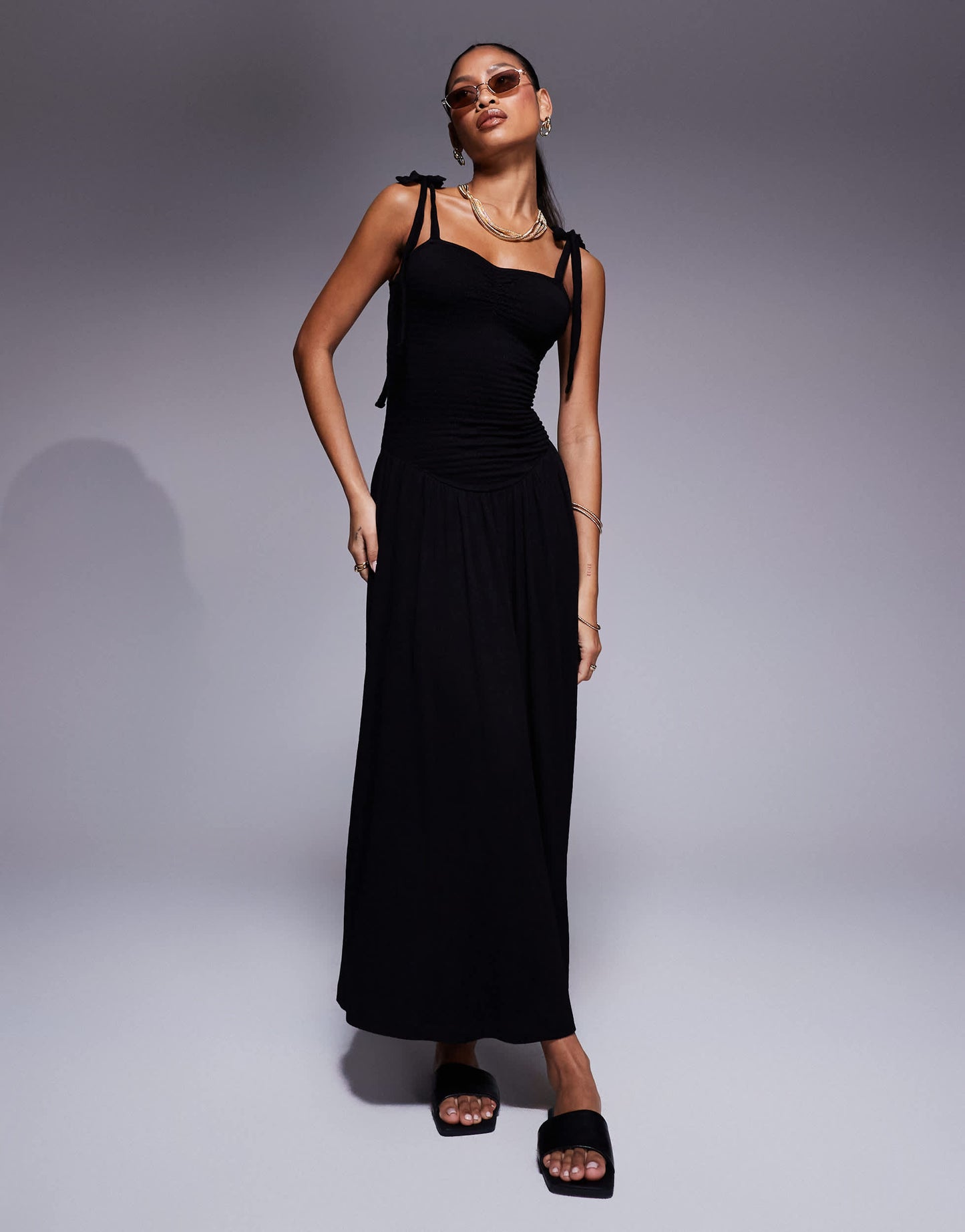 ASOS DESIGN crinkle shirred bodice tie cami strap midi sundress in black