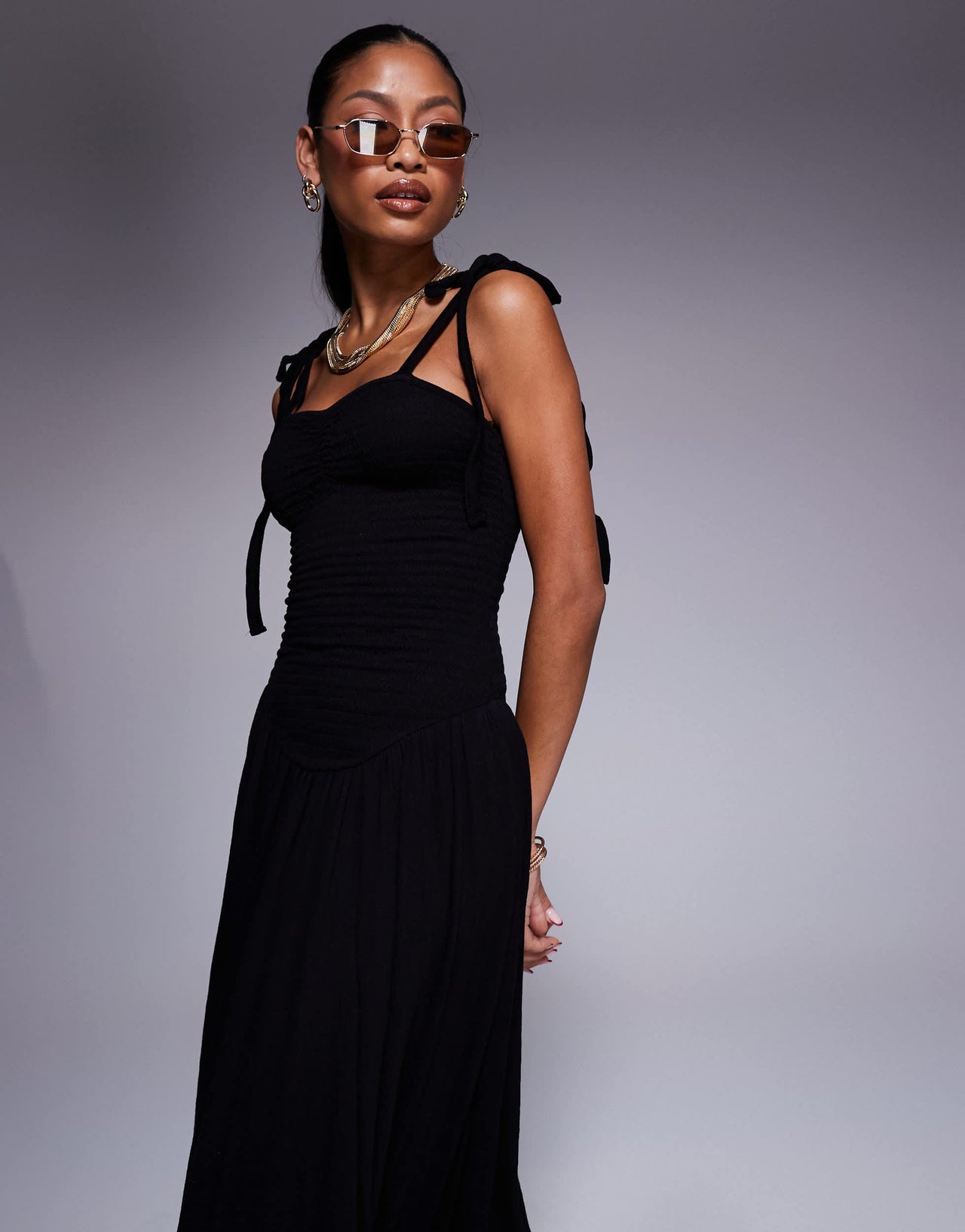 ASOS DESIGN crinkle shirred bodice tie cami strap midi sundress in black