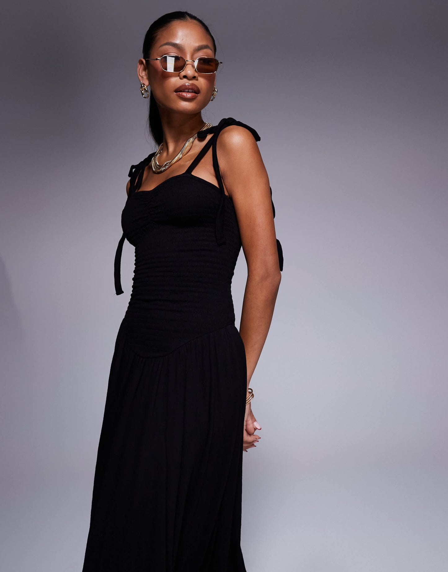 ASOS DESIGN crinkle shirred bodice tie cami strap midi sundress in black
