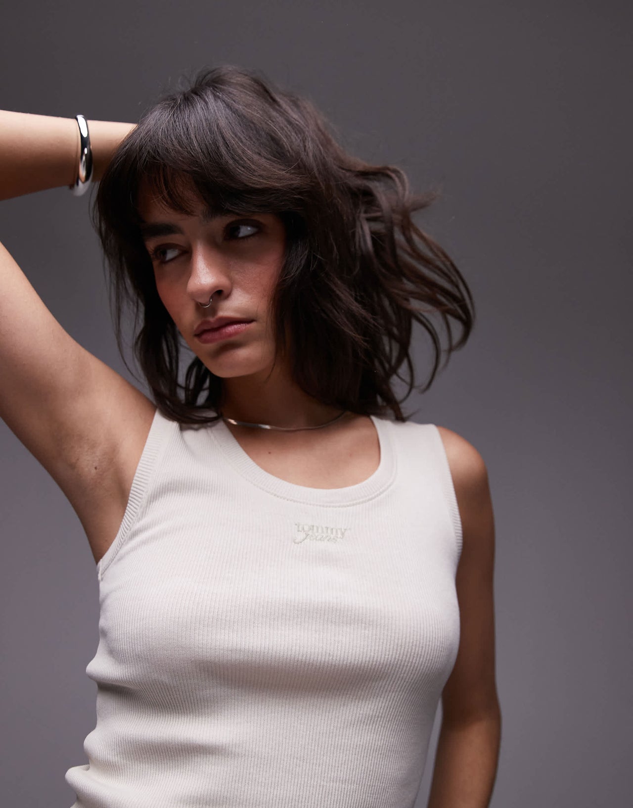 Tommy Jeans script rib tank top in off white