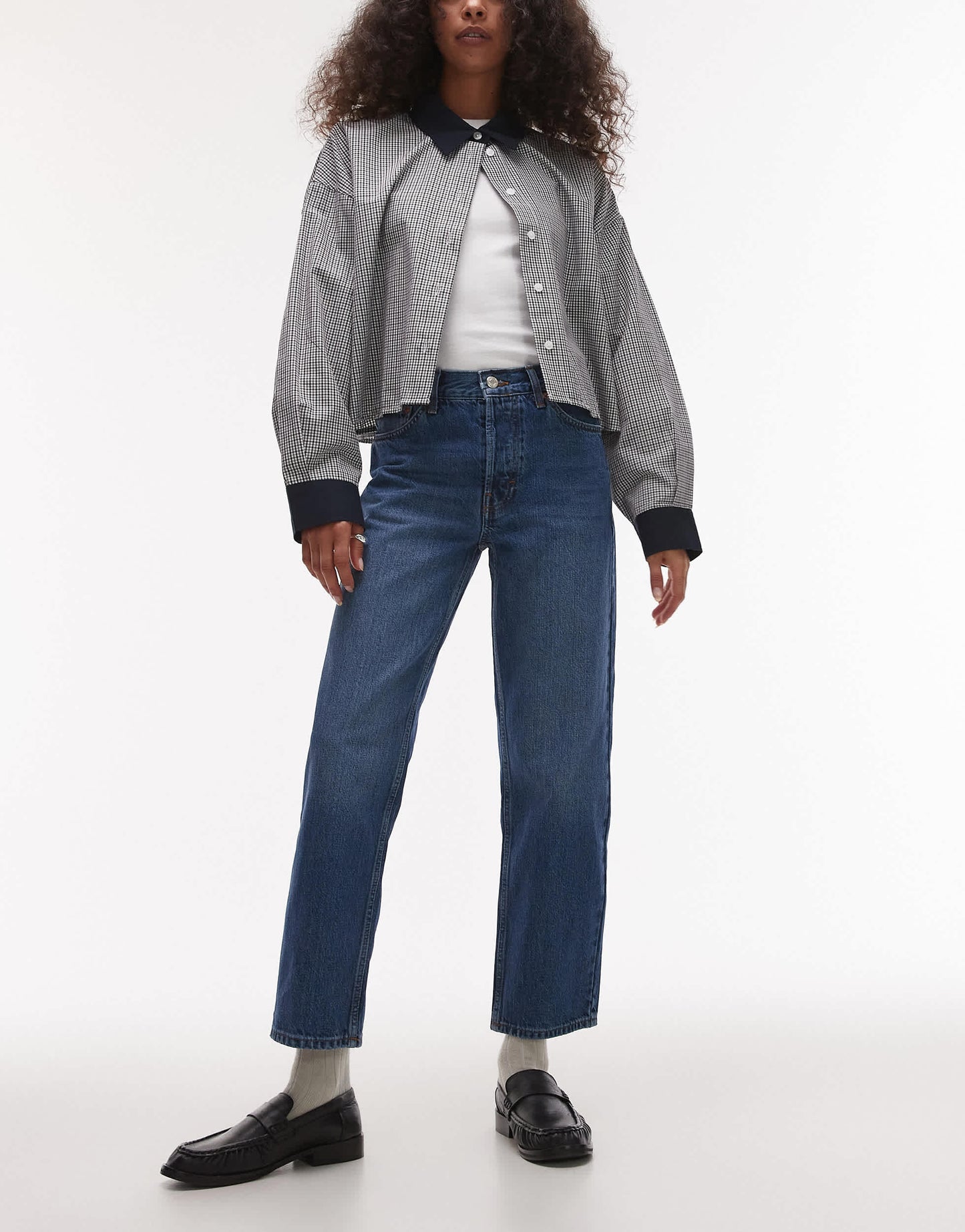 Topshop Runway mid rise straight cropped jean in mid blue