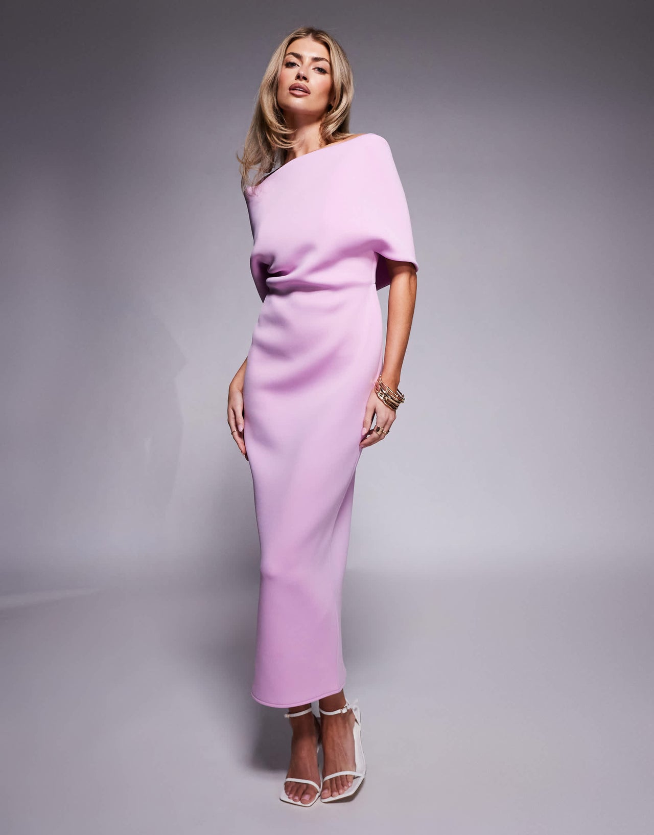 ASOS DESIGN  deep bardot midi dress with cape back detail in lilac in scuba-style fabric