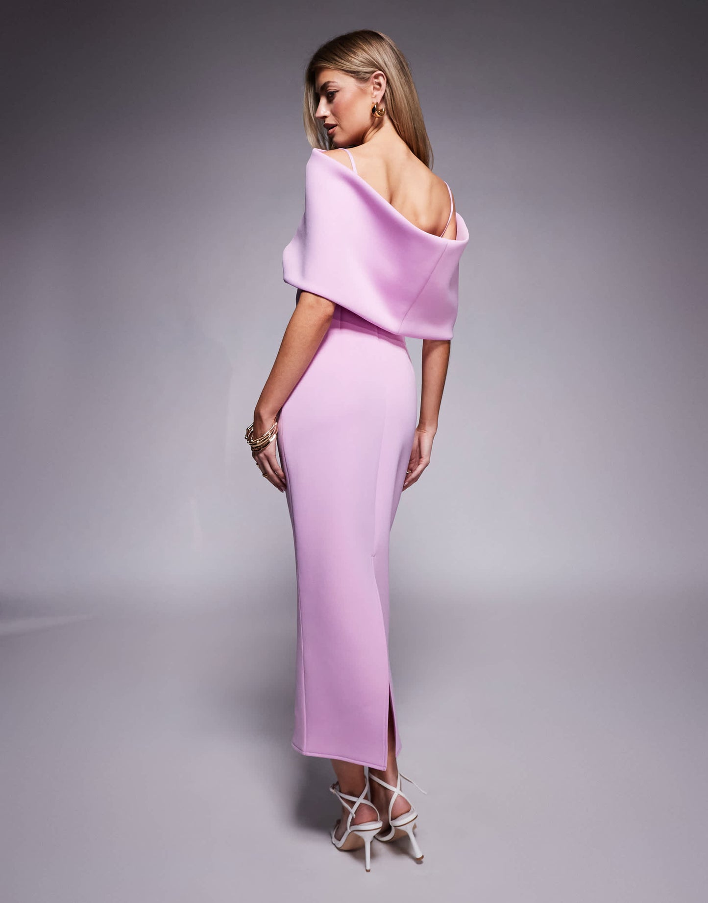 ASOS DESIGN  deep bardot midi dress with cape back detail in lilac in scuba-style fabric