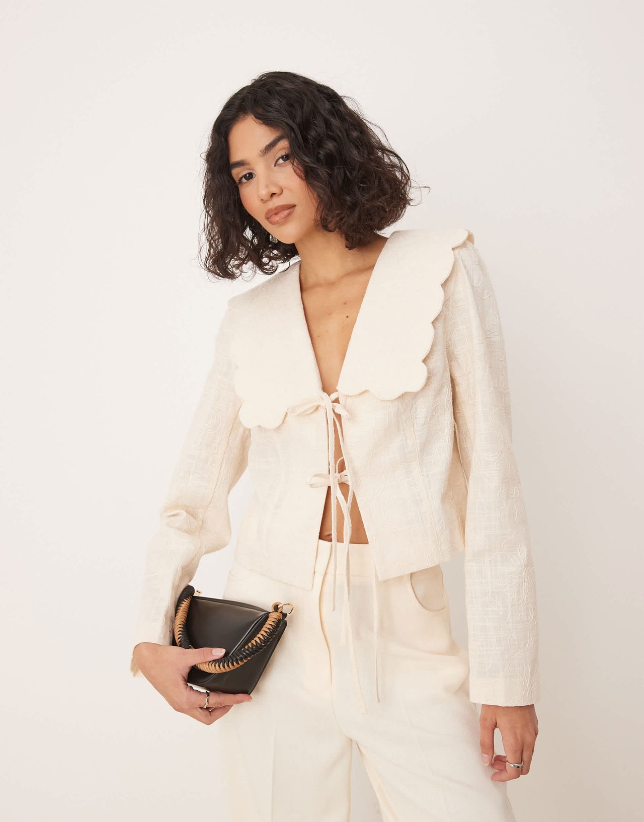 ASOS DESIGN tailored scallop collar tie front jacket in buttermilk