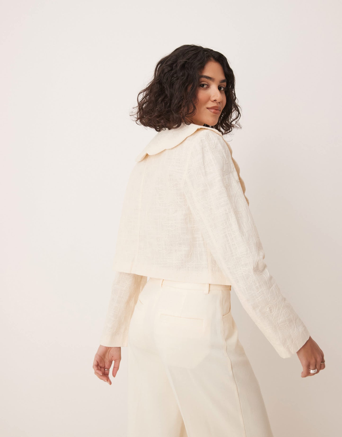 ASOS DESIGN tailored scallop collar tie front jacket in buttermilk