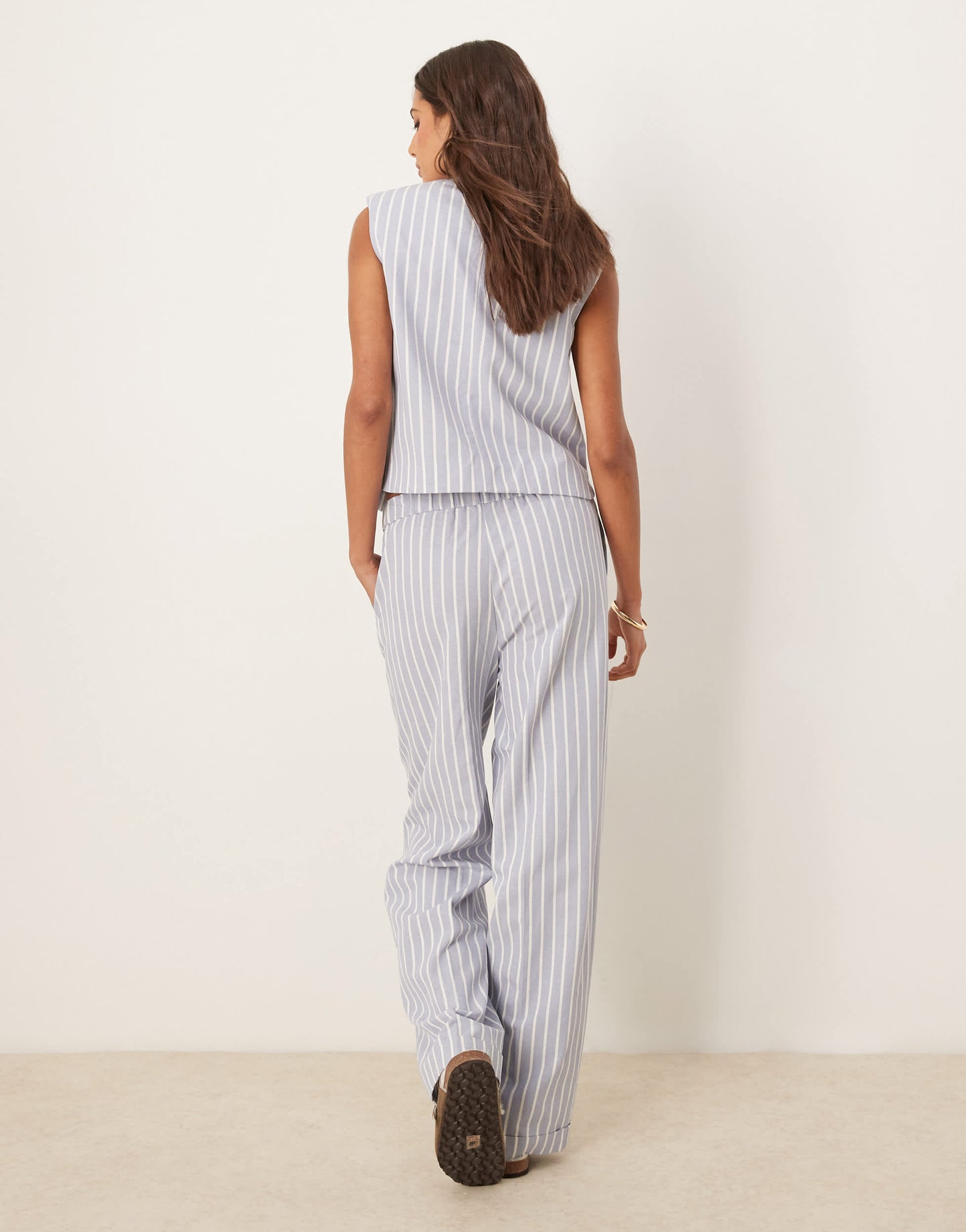 ASOS DESIGN tailored straight leg trousers with linen co-ord in blue and white stripe