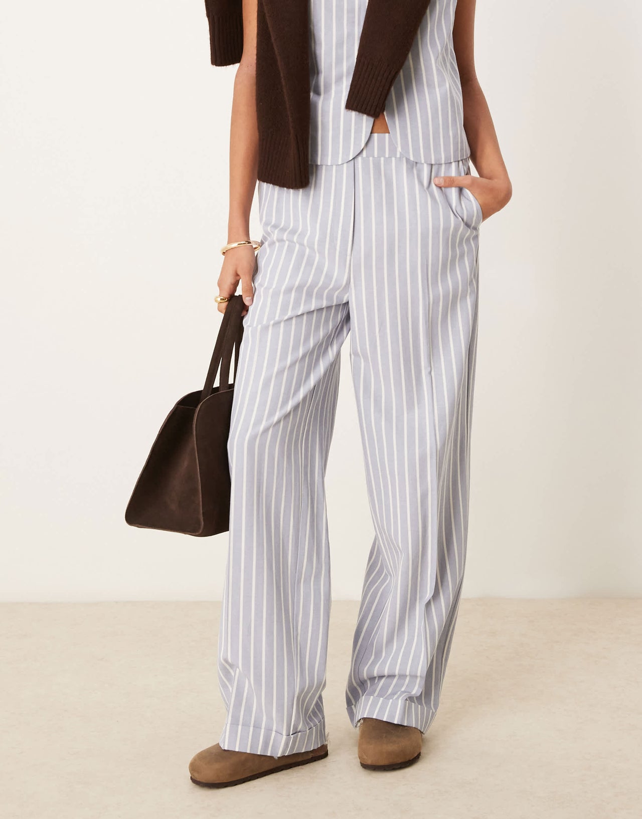 ASOS DESIGN tailored straight leg trousers with linen co-ord in blue and white stripe