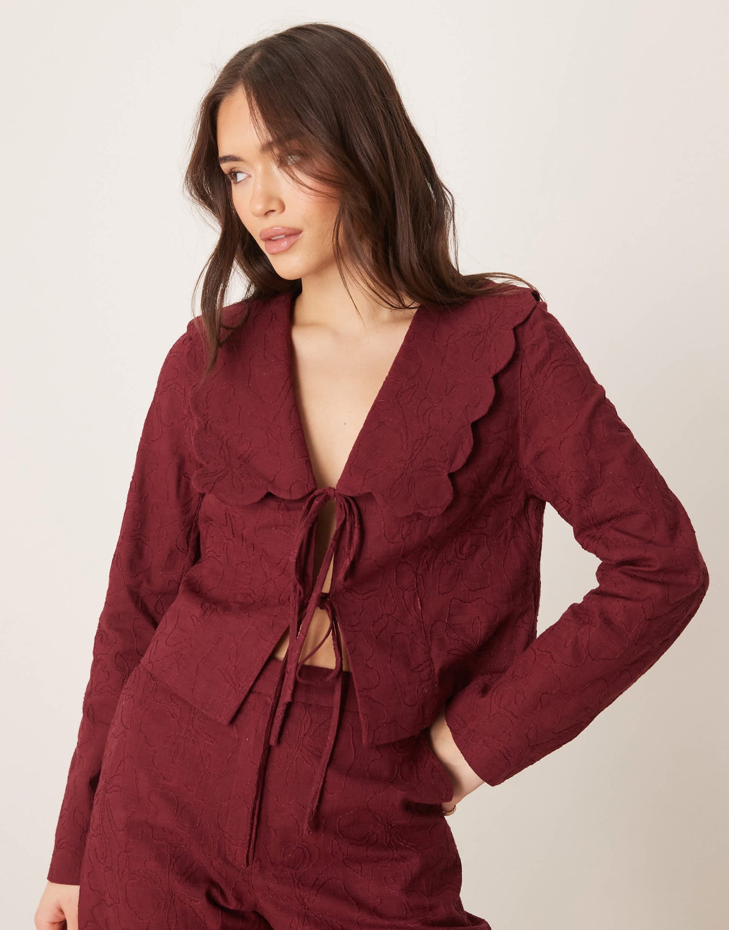 ASOS DESIGN tailored scallop collar tie front jacket co-ord in dark cherry