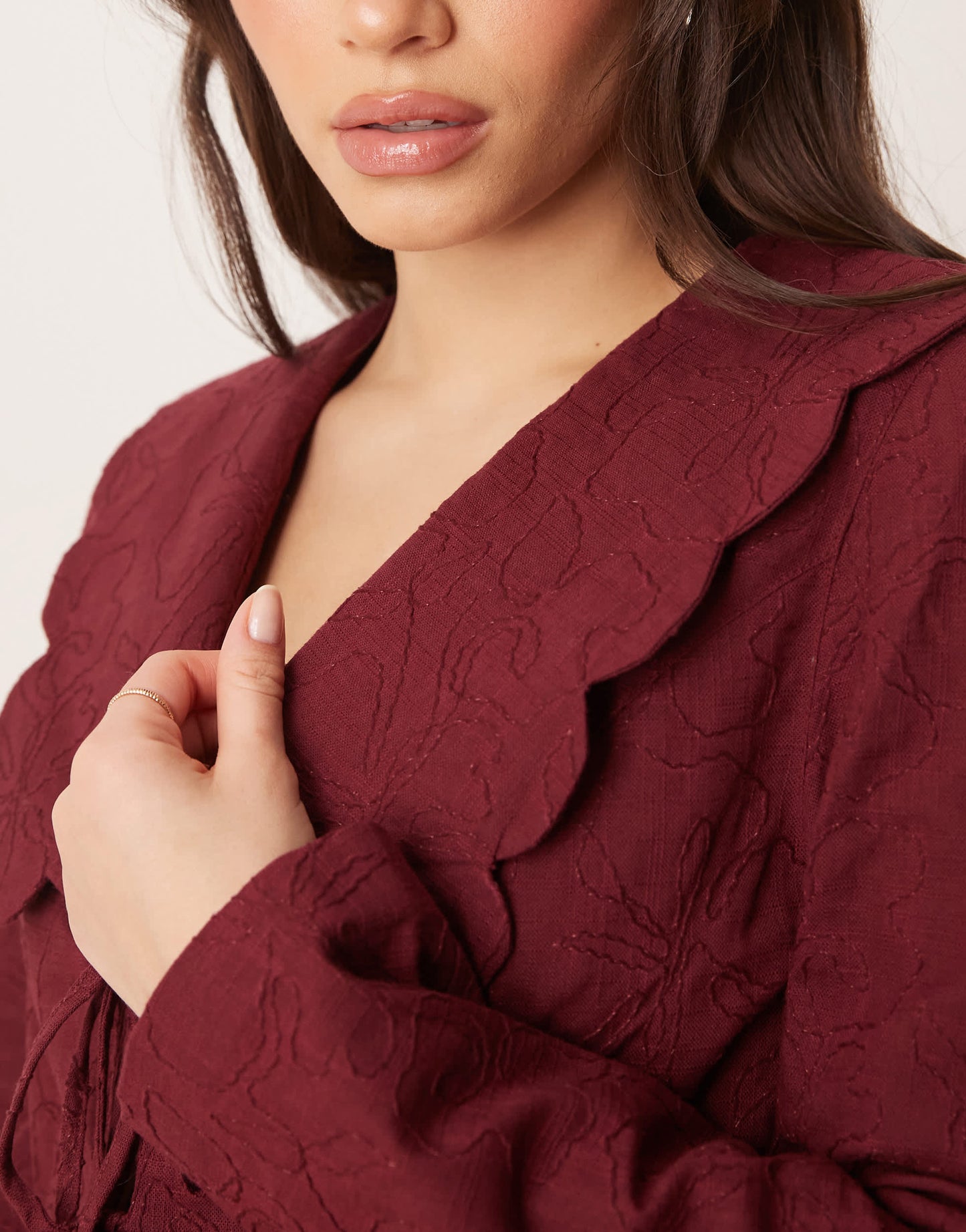 ASOS DESIGN tailored scallop collar tie front jacket co-ord in dark cherry
