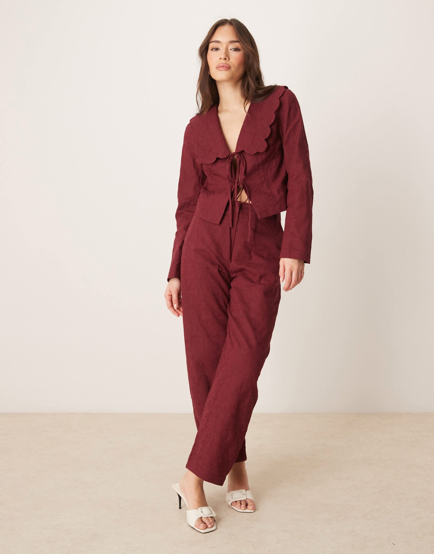 ASOS DESIGN tailored scallop collar tie front jacket co-ord in dark cherry