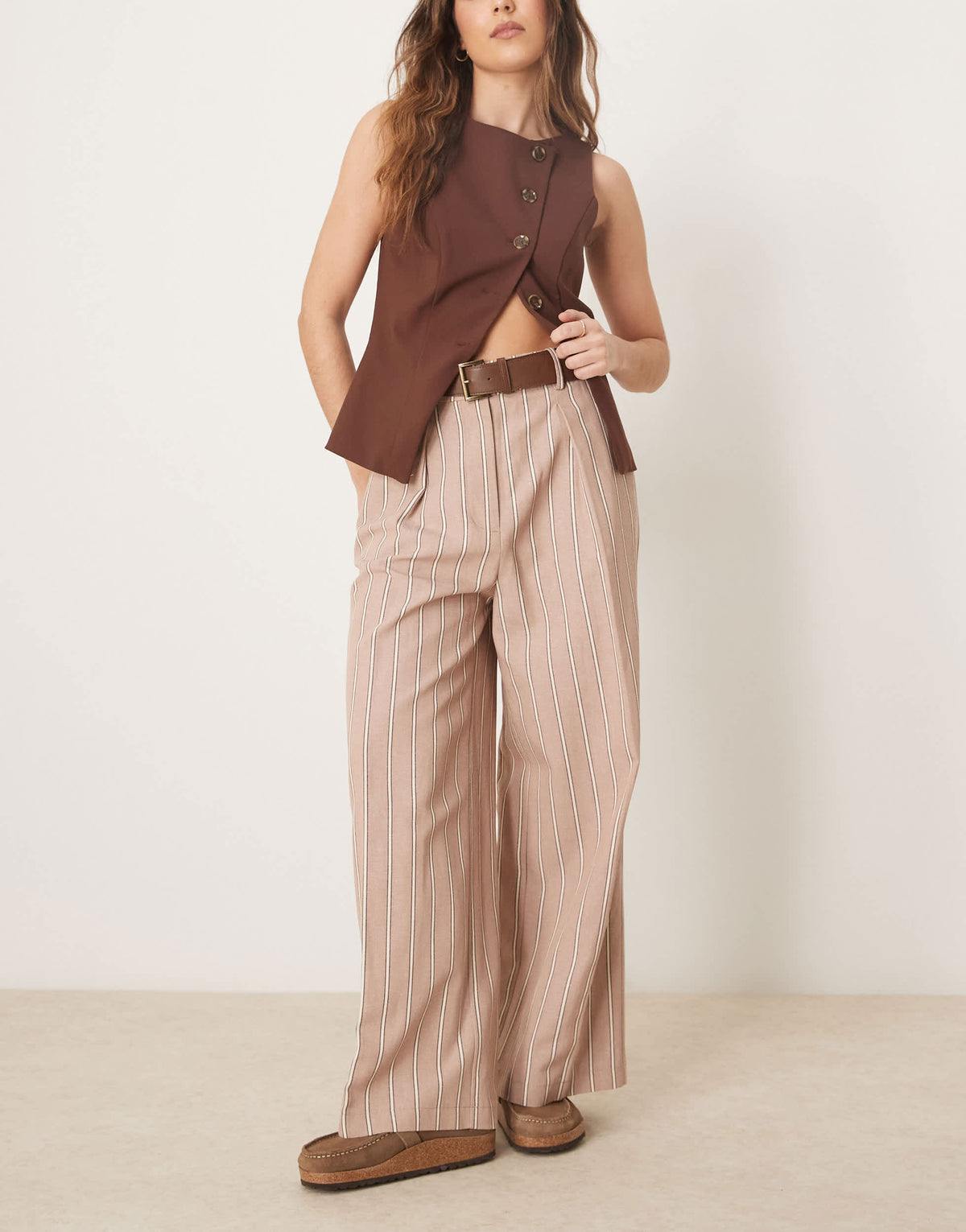 ASOS DESIGN tailored relaxed ankle grazer trousers with PU belt in mocha stripe