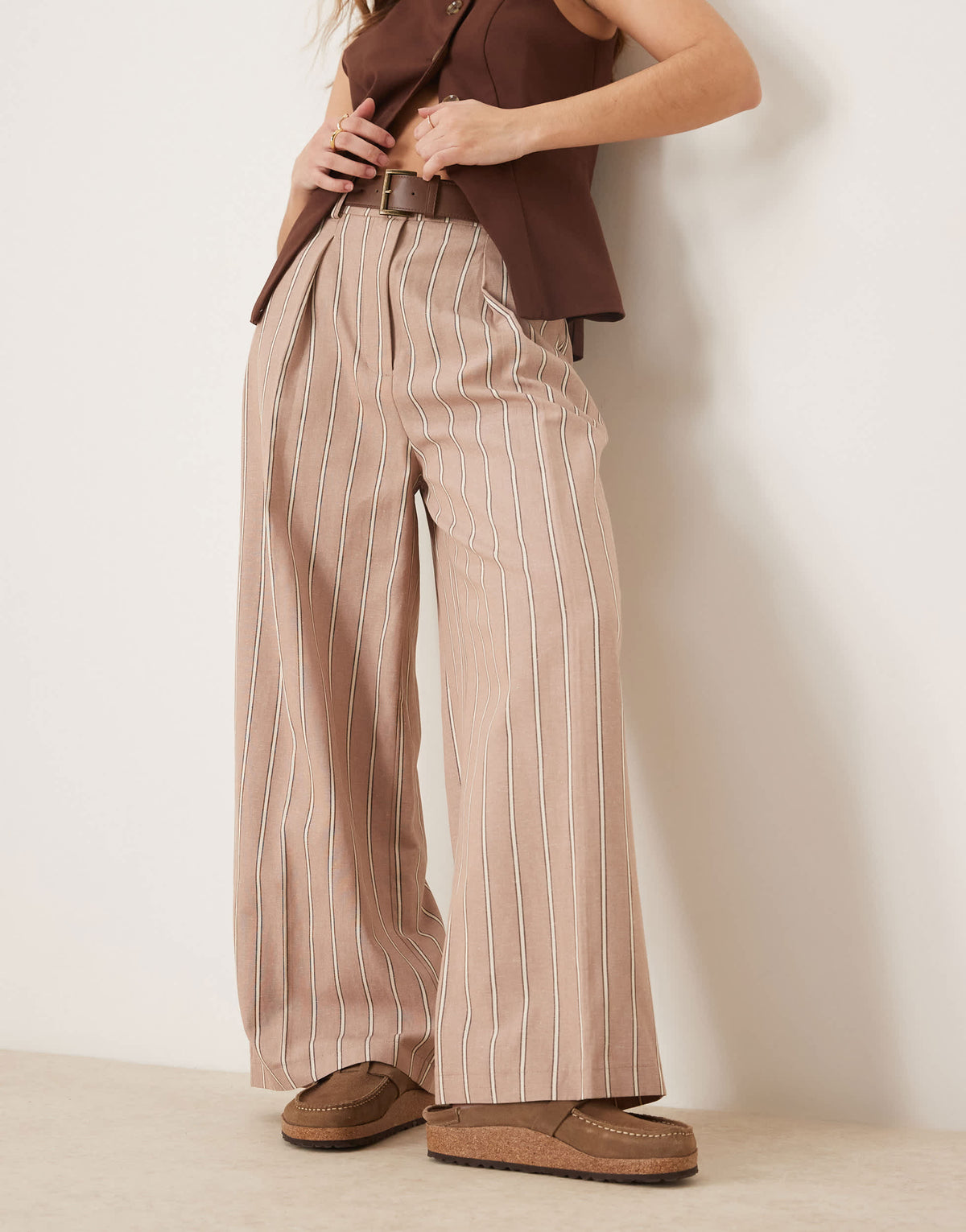 ASOS DESIGN tailored relaxed ankle grazer trousers with PU belt in mocha stripe