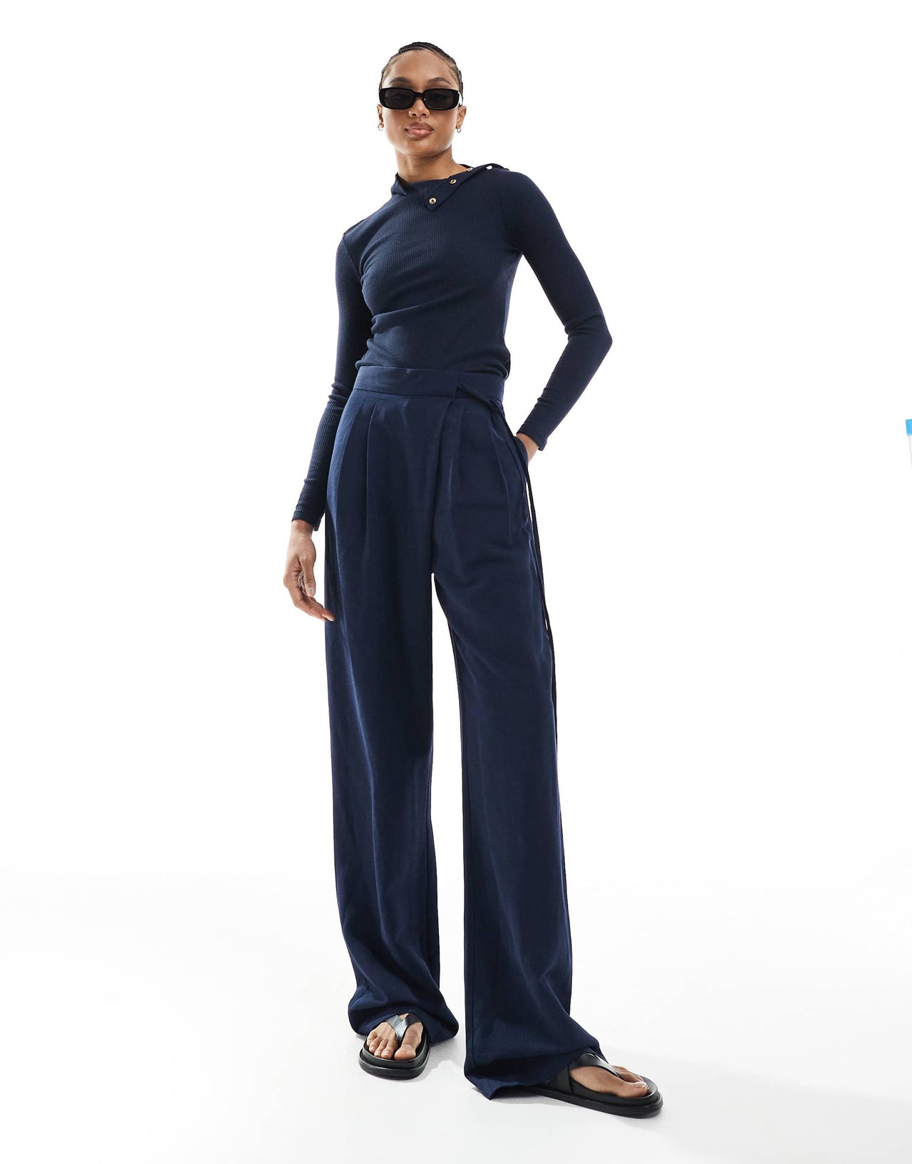 ASOS DESIGN Tall tailored wrap tie trousers with linen in navy