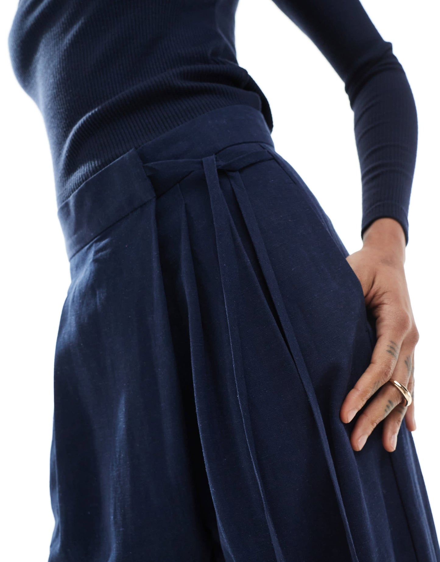 ASOS DESIGN Tall tailored wrap tie trousers with linen in navy