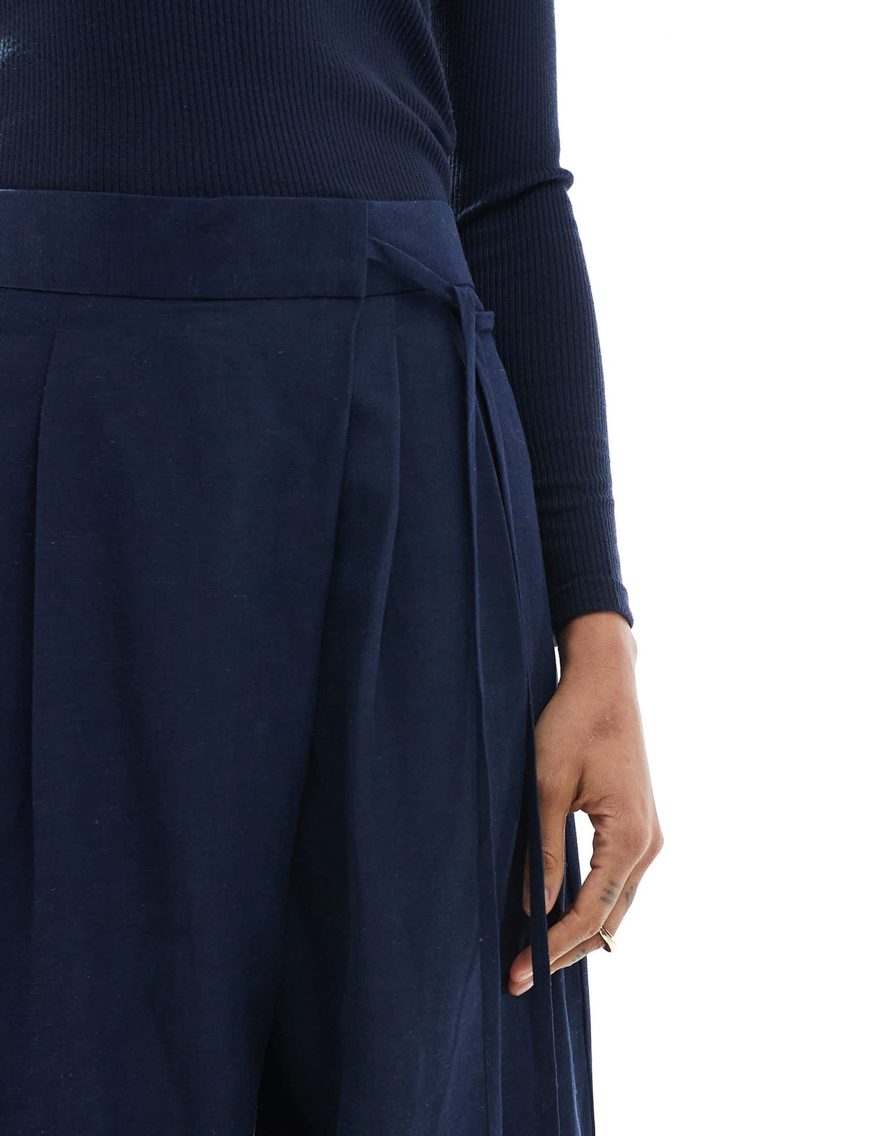 ASOS DESIGN Tall tailored wrap tie trousers with linen in navy