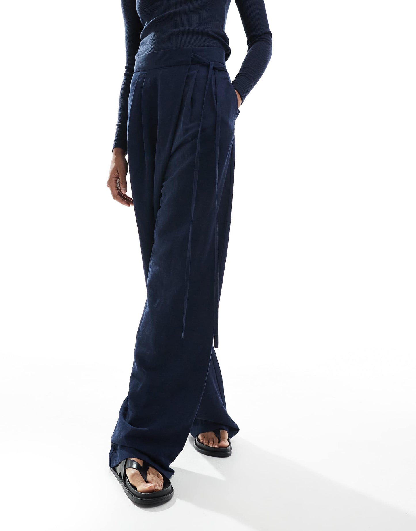 ASOS DESIGN Tall tailored wrap tie trousers with linen in navy