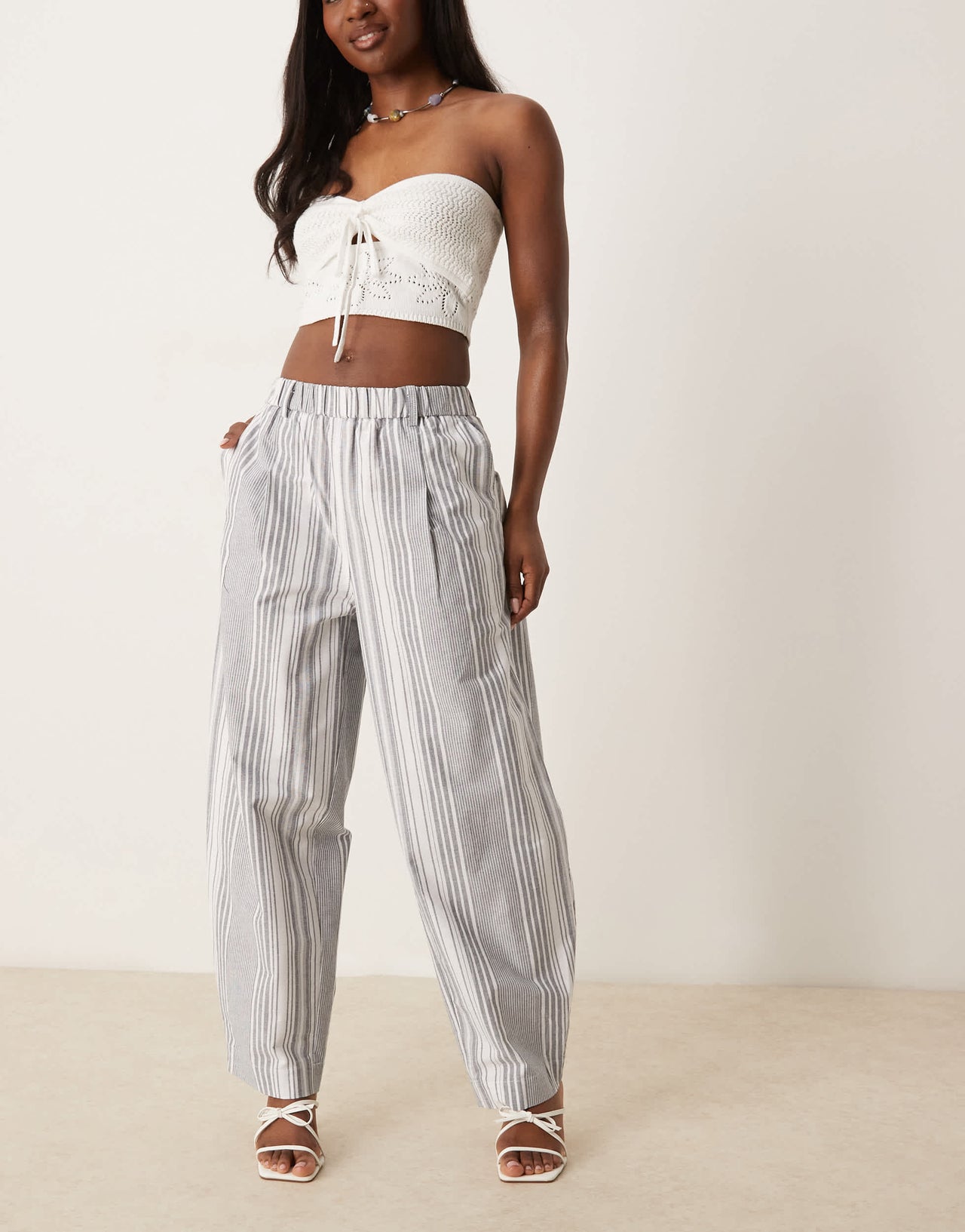 ASOS DESIGN linen look barrel trousers in black stripe