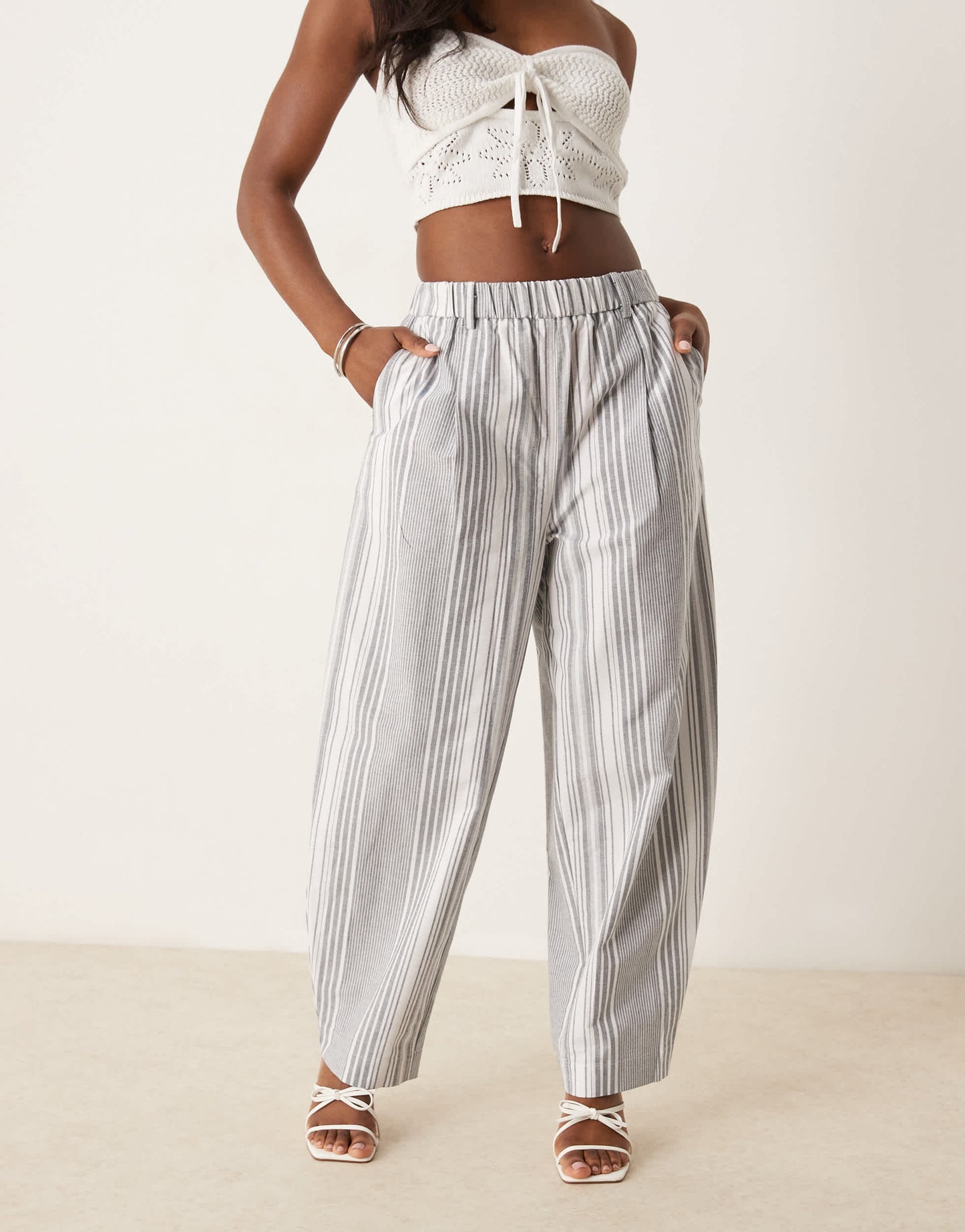ASOS DESIGN linen look barrel trousers in black stripe