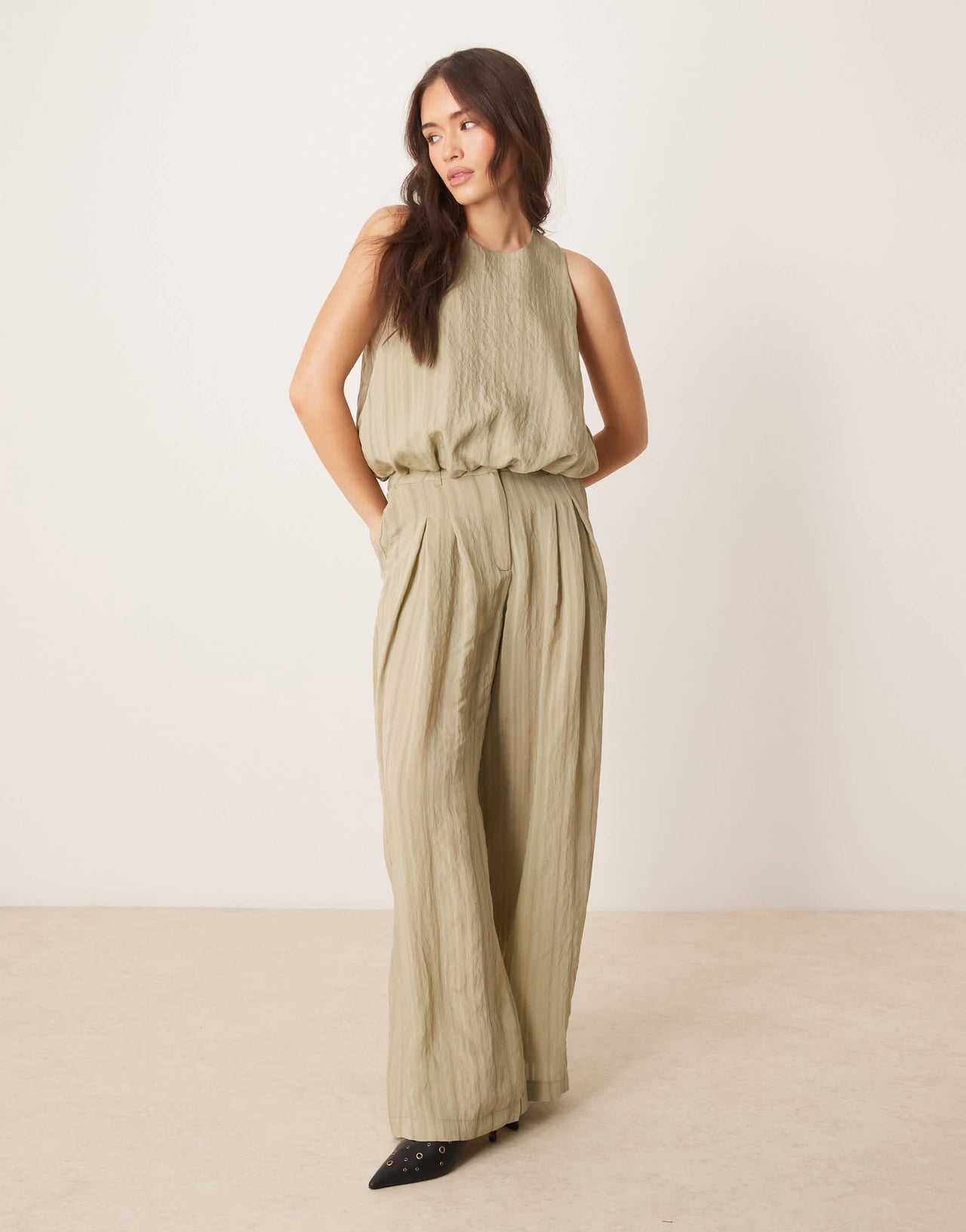 ASOS DESIGN bubble hem top co-ord in green tonal stripe