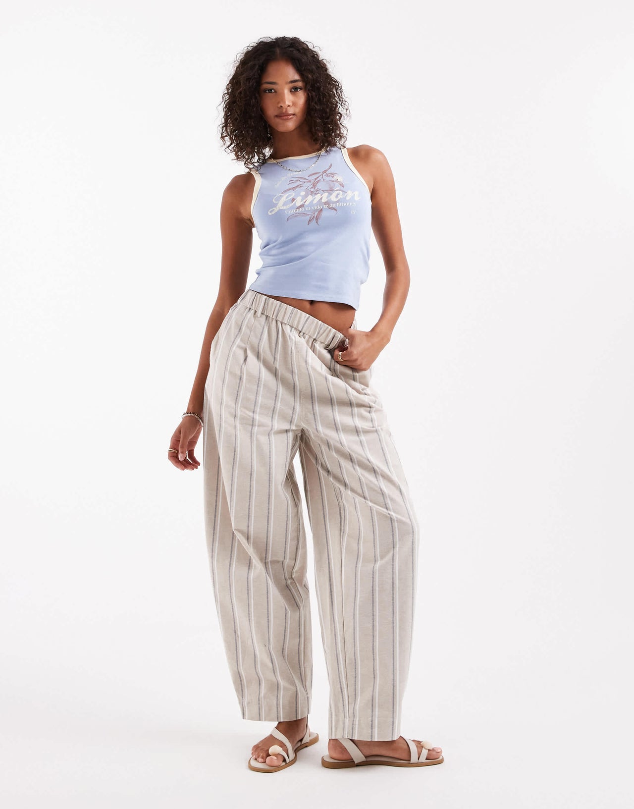 ASOS DESIGN linen look barrel trousers in neutral stripe