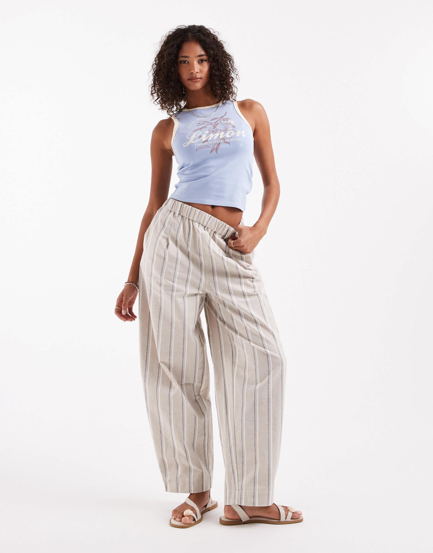 ASOS DESIGN linen look barrel trousers in neutral stripe