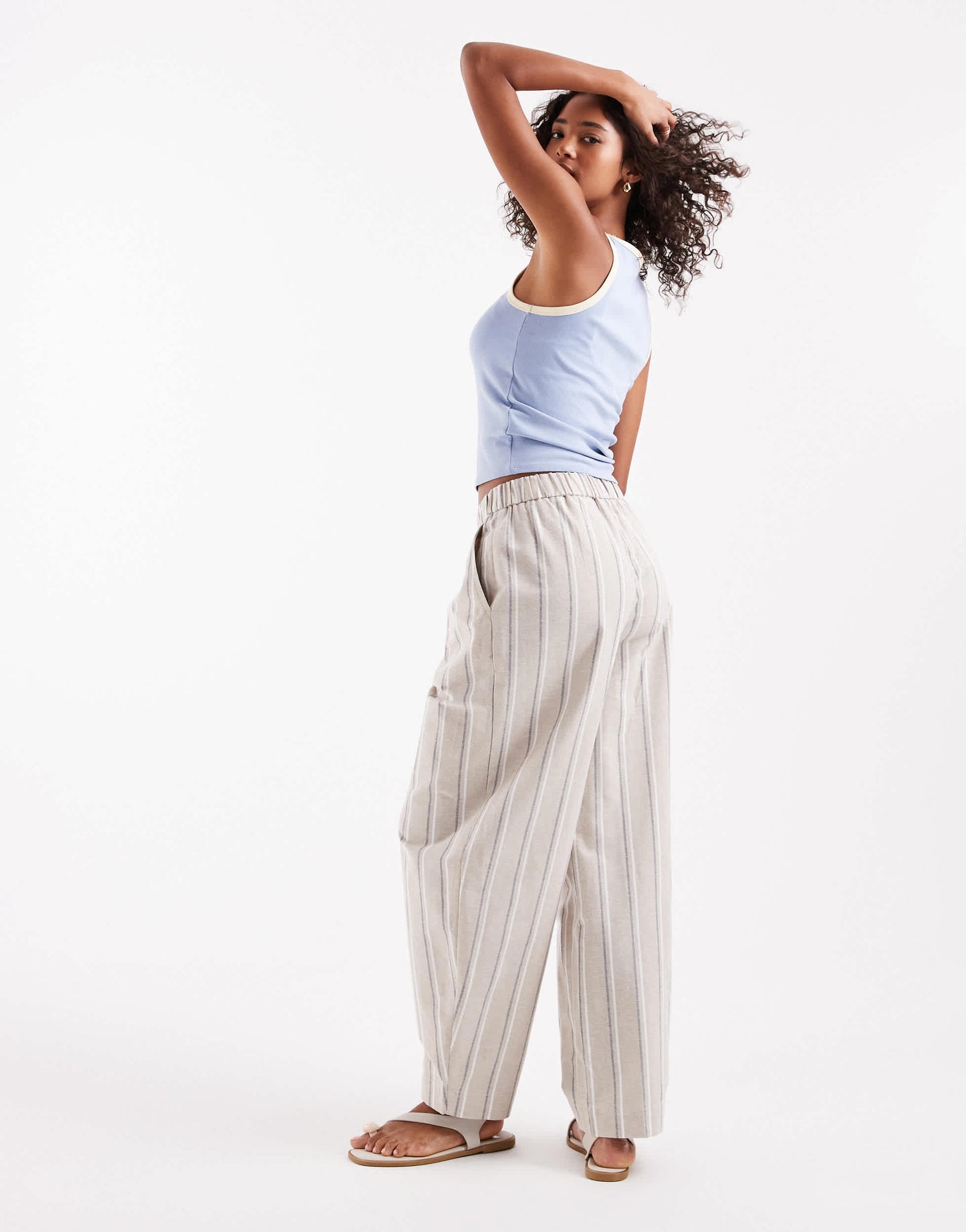 ASOS DESIGN linen look barrel trousers in neutral stripe