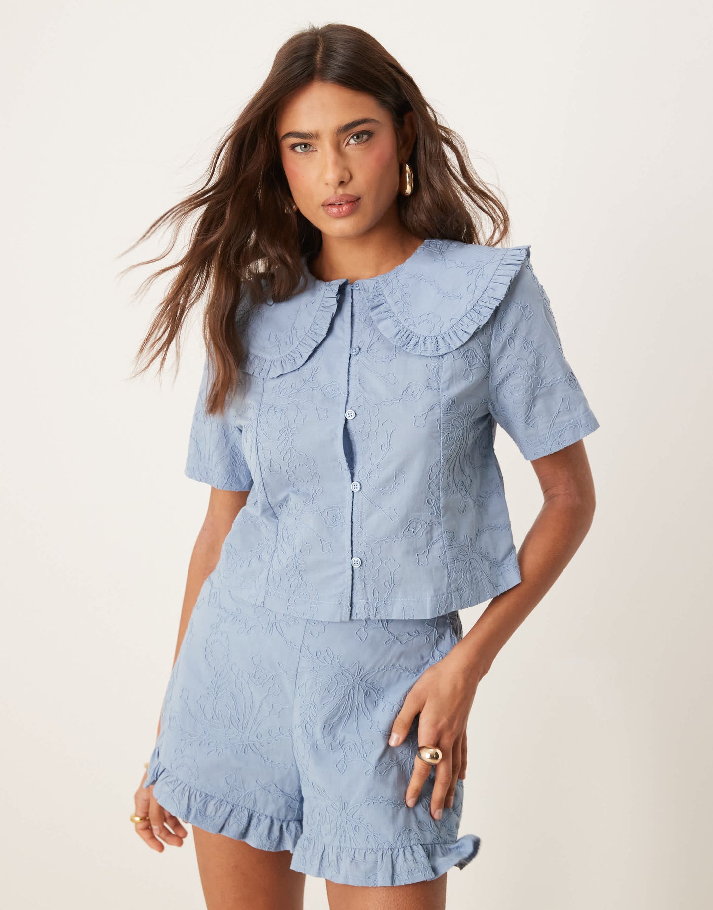 ASOS DESIGN frill collar shirt with floral embroidery co-ord in blue