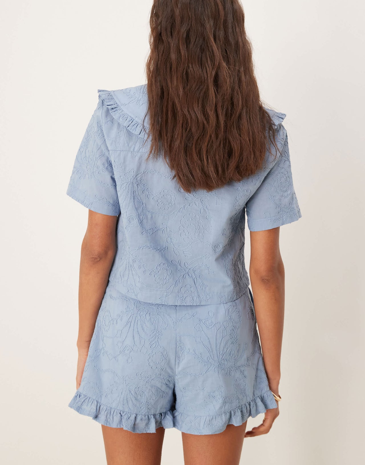 ASOS DESIGN frill collar shirt with floral embroidery co-ord in blue