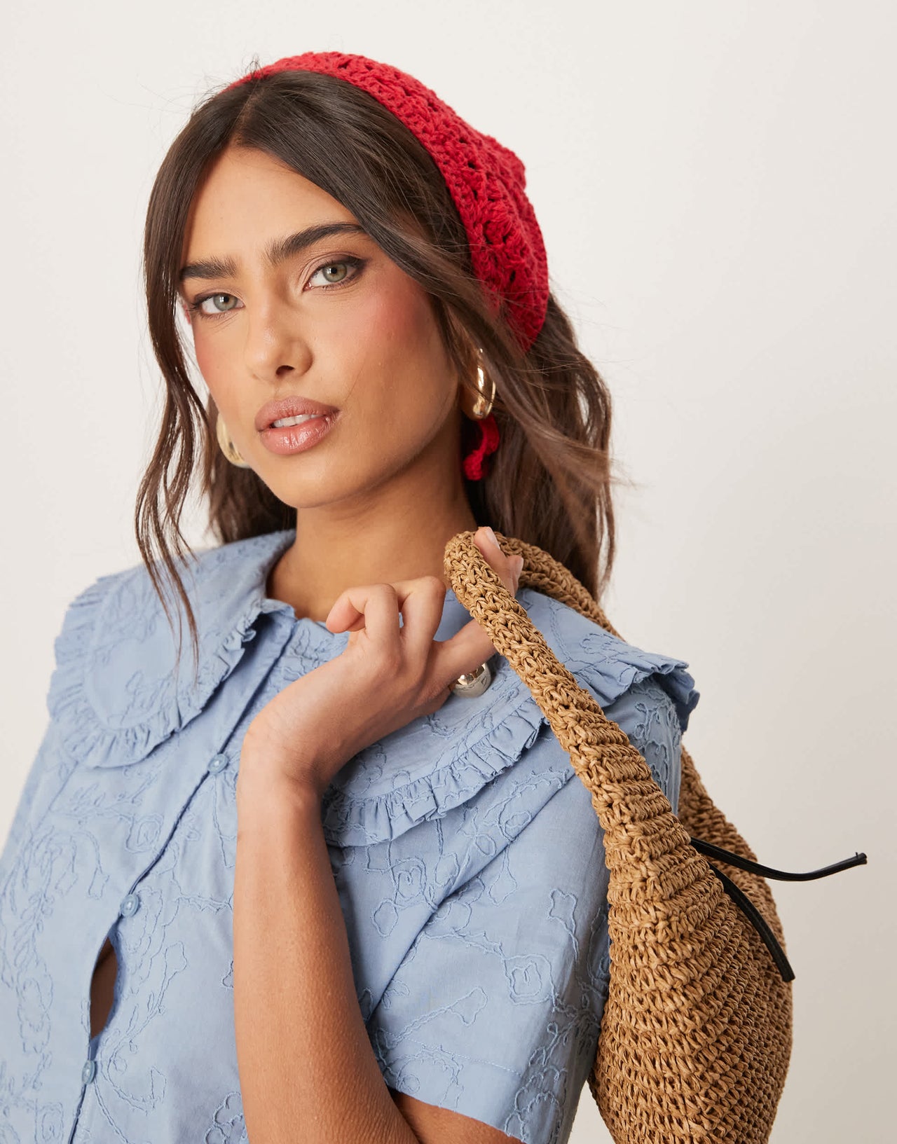ASOS DESIGN frill collar shirt with floral embroidery co-ord in blue