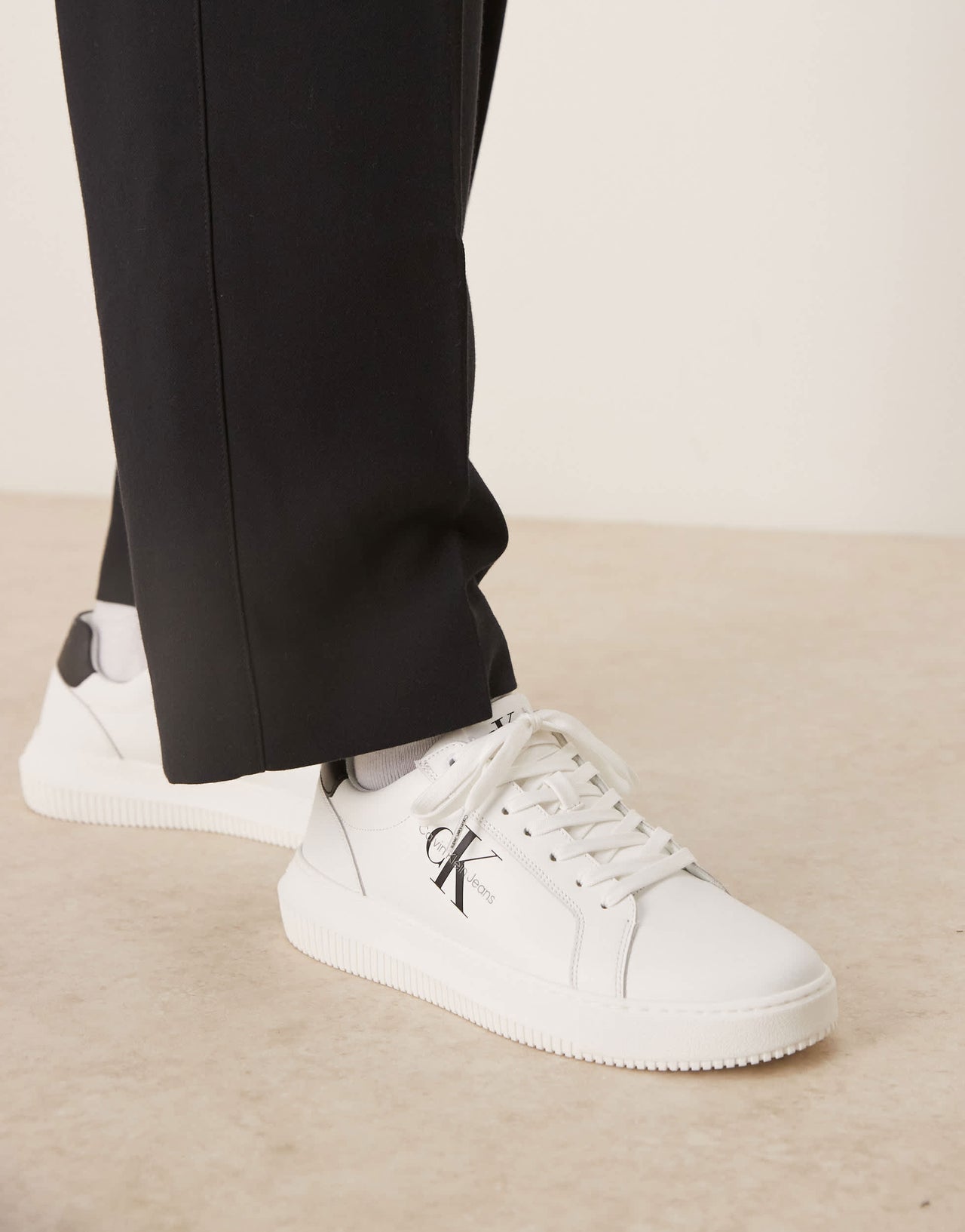 Calvin Klein chunky cupsole leather trainers in white and black
