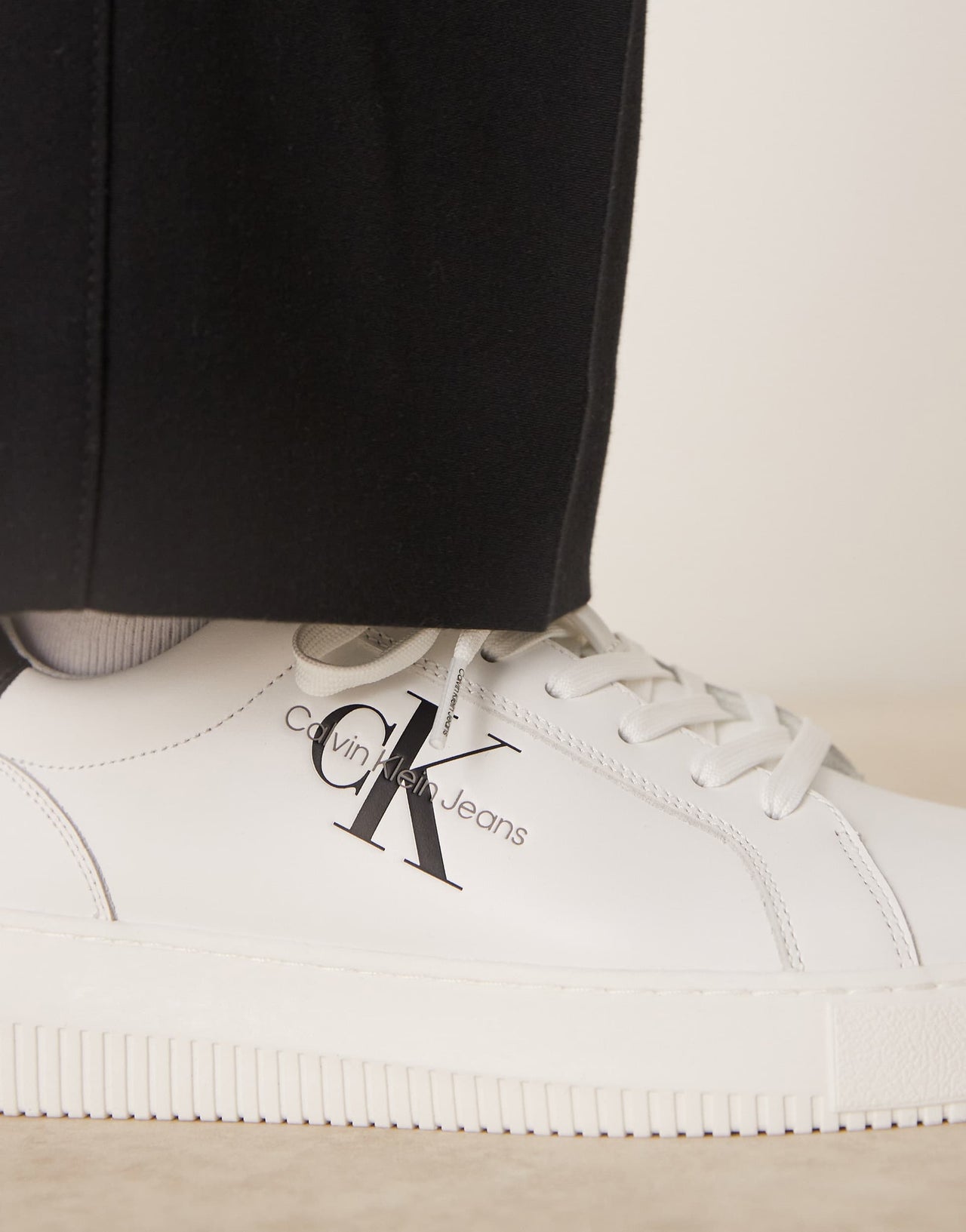Calvin Klein chunky cupsole leather trainers in white and black