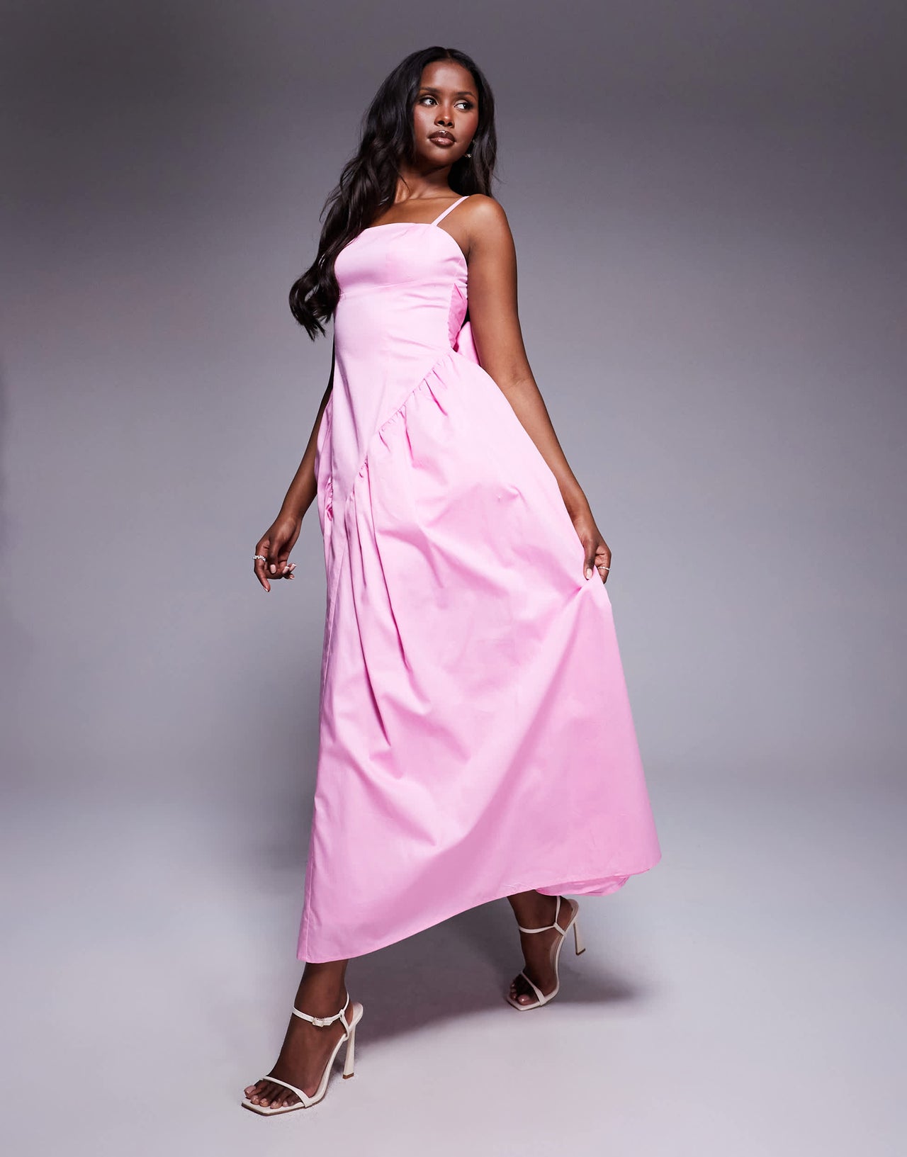 ASOS LUXE cotton sateen cinched waist bow back maxi dress in pink