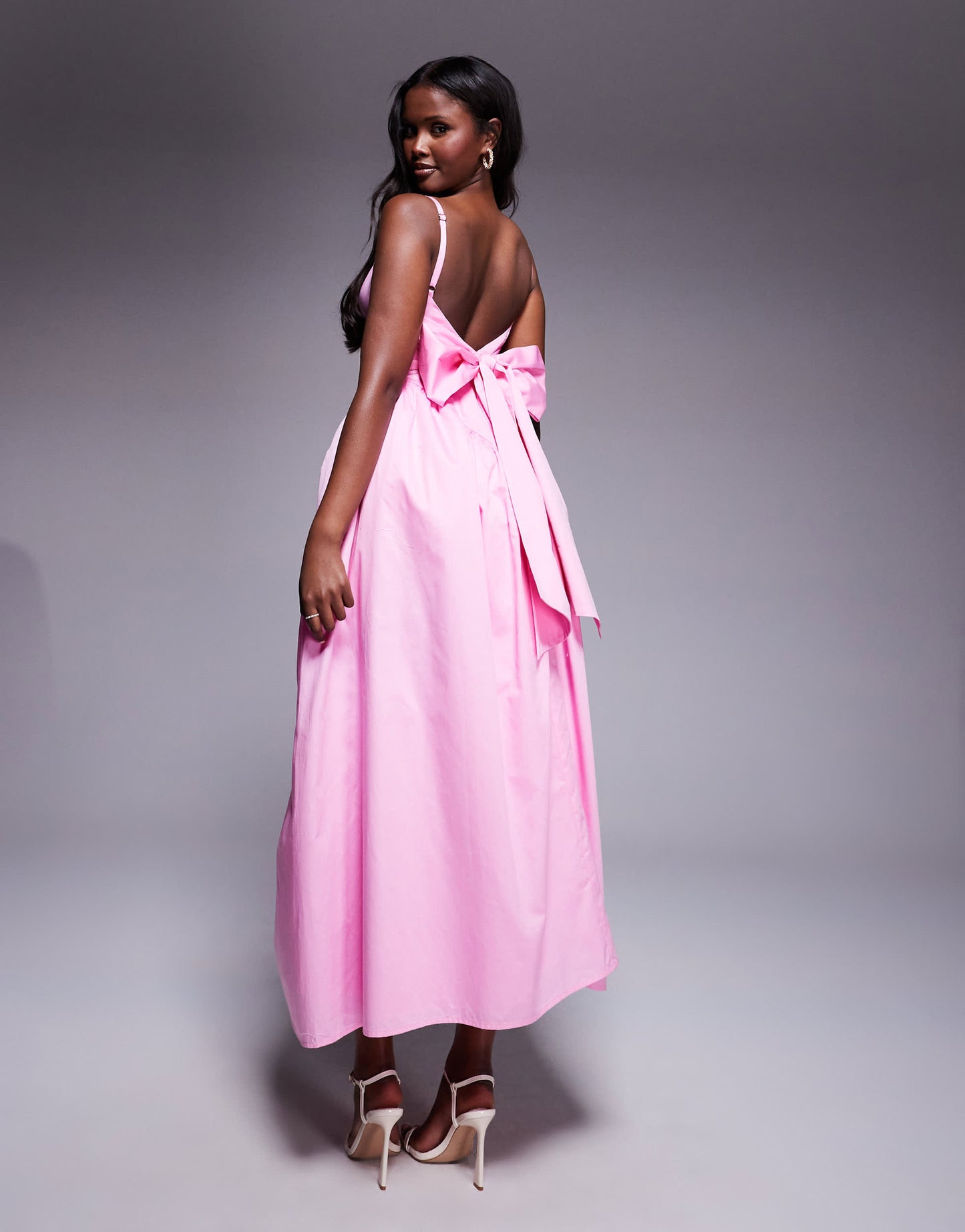 ASOS LUXE cotton sateen cinched waist bow back maxi dress in pink