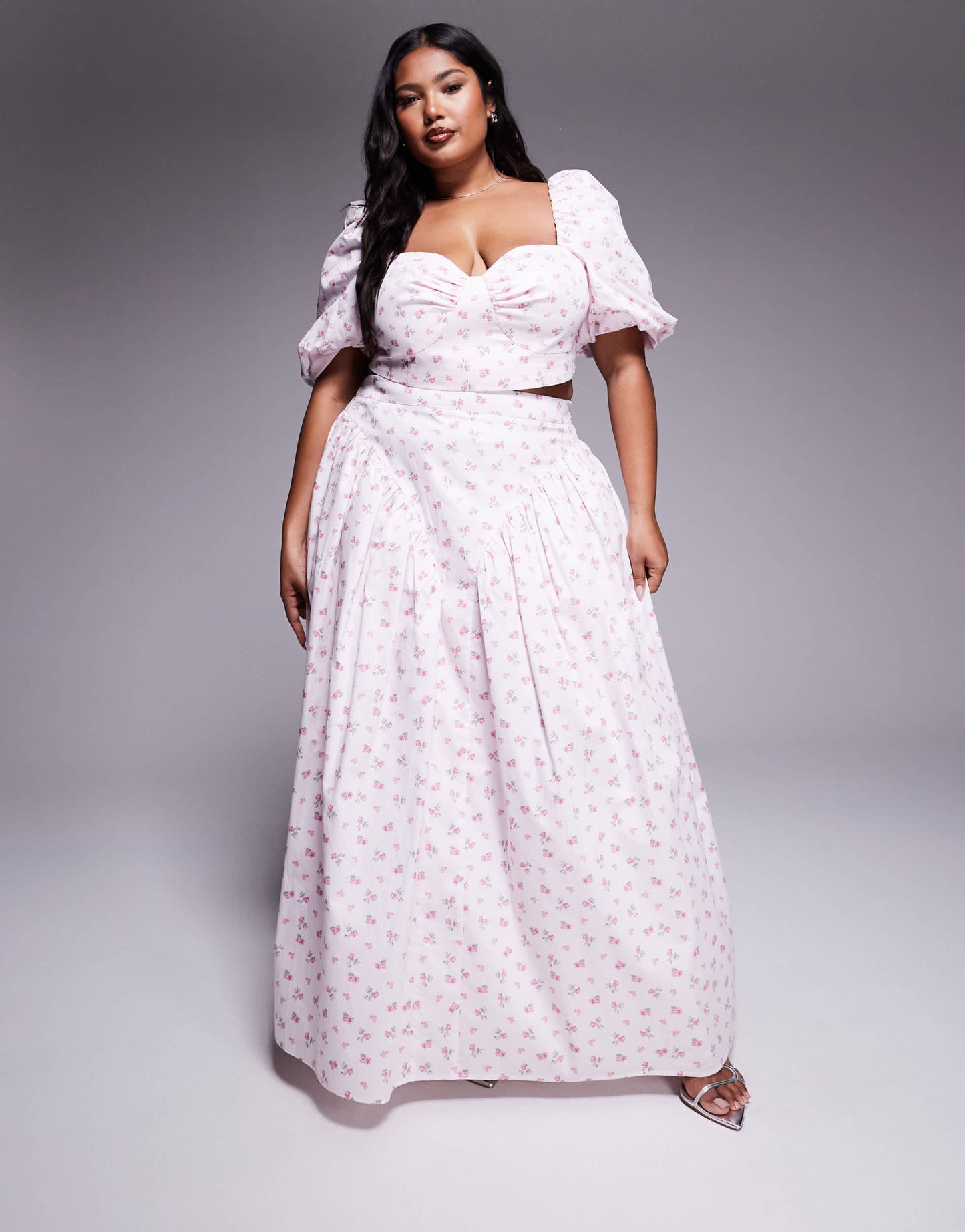 ASOS LUXE Curve co-ord cotton sateen puff sleeve top in ditsy floral