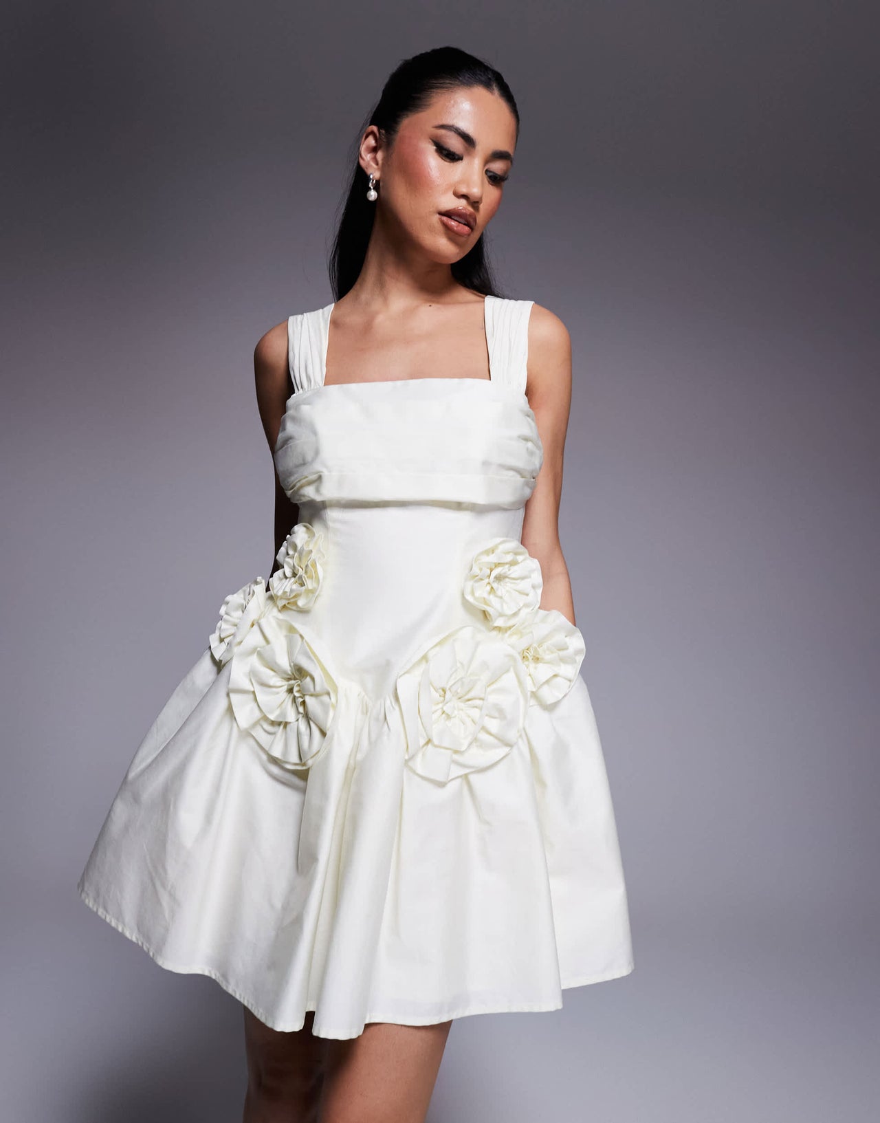 ASOS LUXE cotton sateen pleated bust cinched waist corsage mini dress in buttermilk