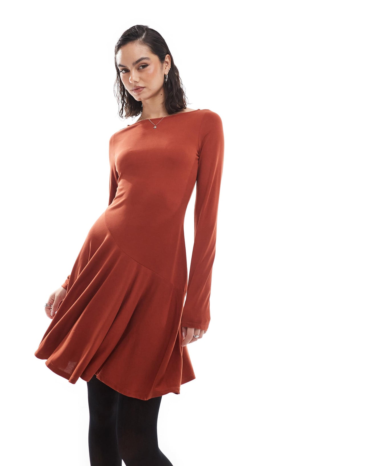 ASOS DESIGN high neck long sleeve skater mini dress in burgundy