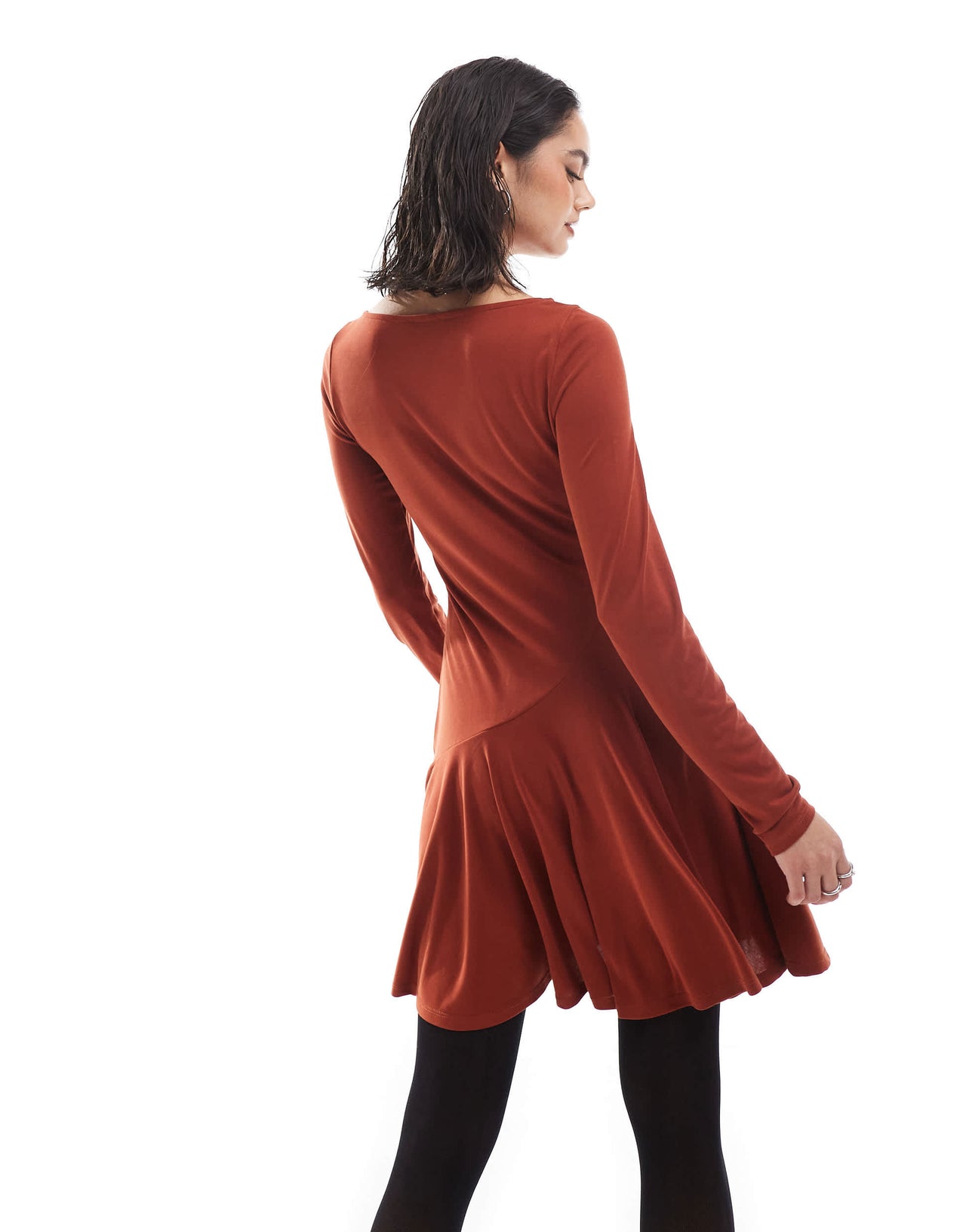 ASOS DESIGN high neck long sleeve skater mini dress in burgundy