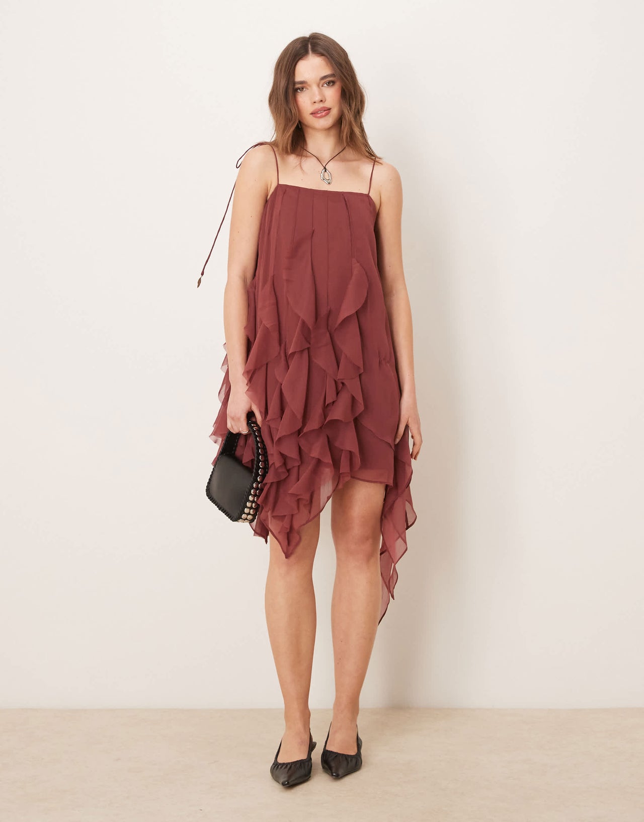 ASOS DESIGN tie strap ruffle mini dress in chocolate brown