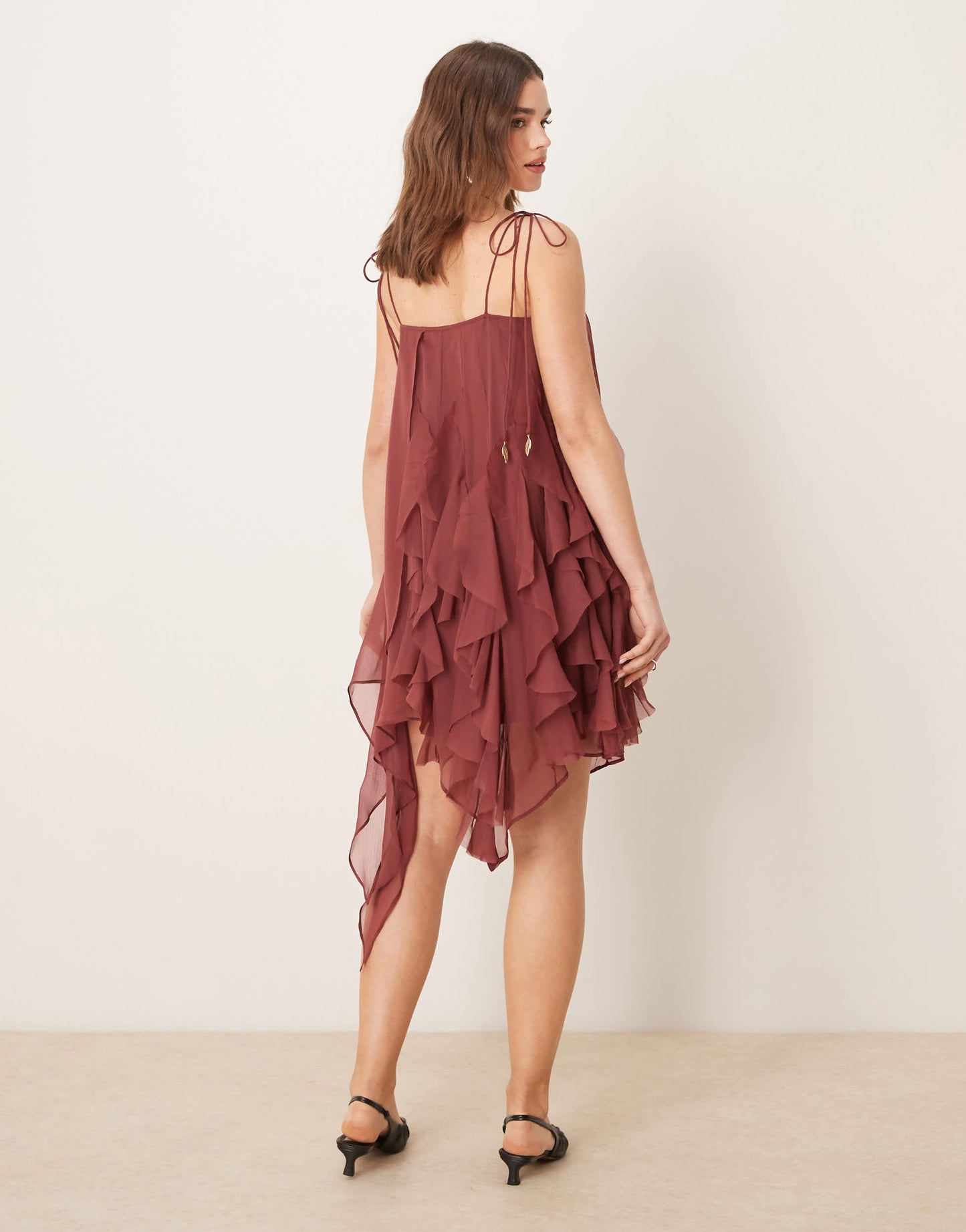 ASOS DESIGN tie strap ruffle mini dress in chocolate brown