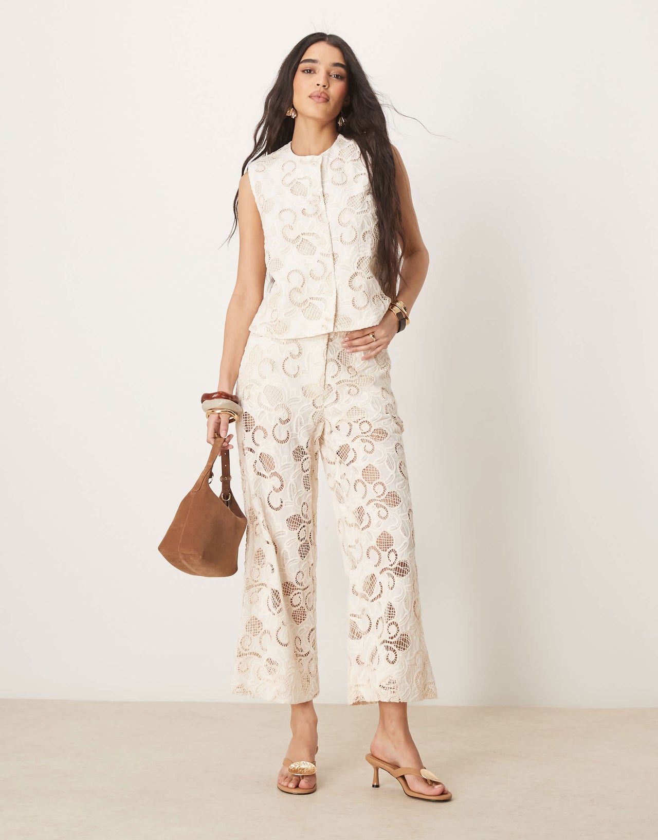 ASOS DESIGN premium culottes co-ord with floral cutwork in buttermilk