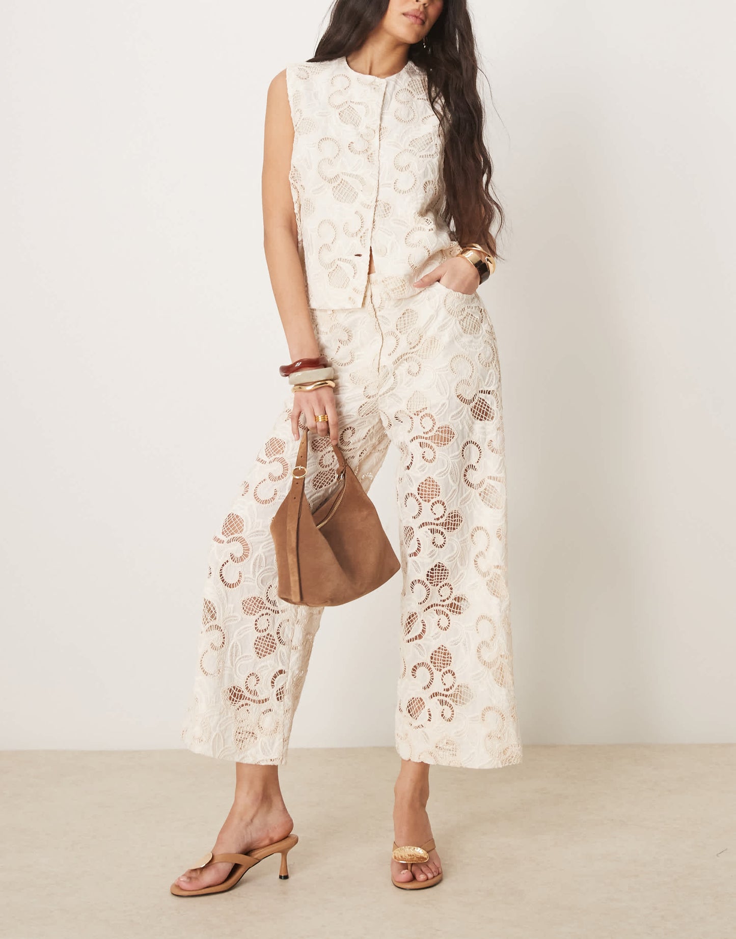 ASOS DESIGN premium culottes co-ord with floral cutwork in buttermilk