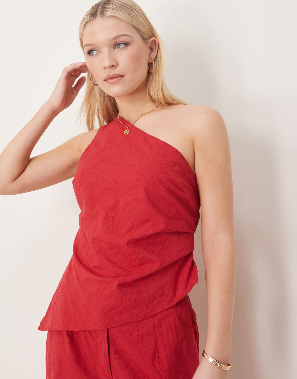 ASOS DESIGN tailored flower textured off the shoulder top co-ord in red